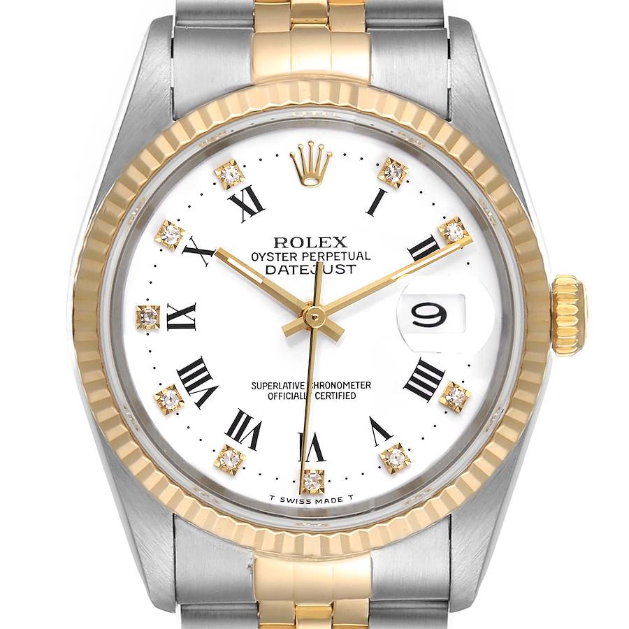 Rolex Datejust Steel Yellow Gold White Roman Diamond Dial Mens Watch 16233 SwissWatchExpo