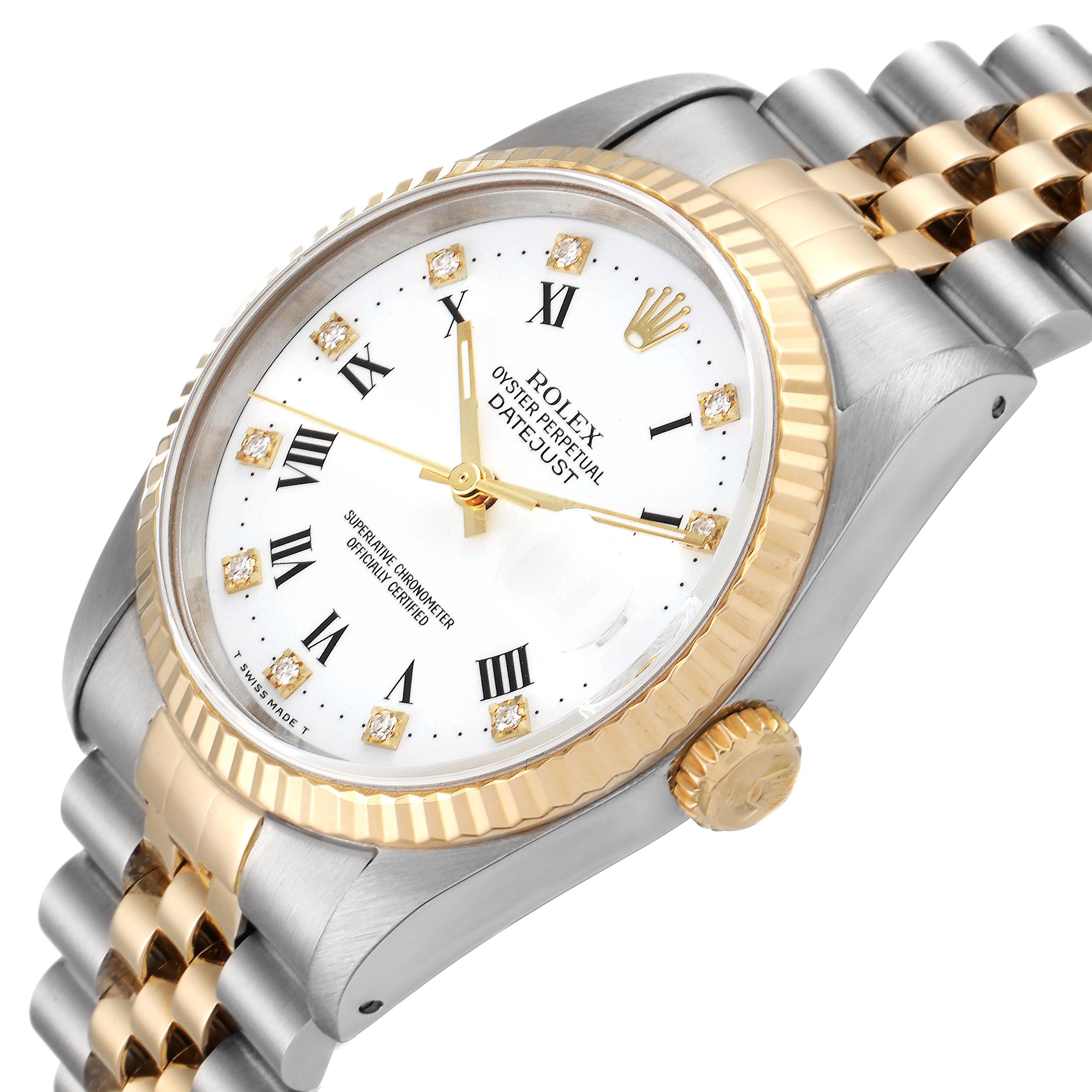 The image shows a side angle of a Rolex Datejust 16233 Men's Steel and Gold (two tone) White Dial 16233 Men's Steel and Gold (two tone) White Dial watch, featuring its crown, bezel, and two-tone bracelet.