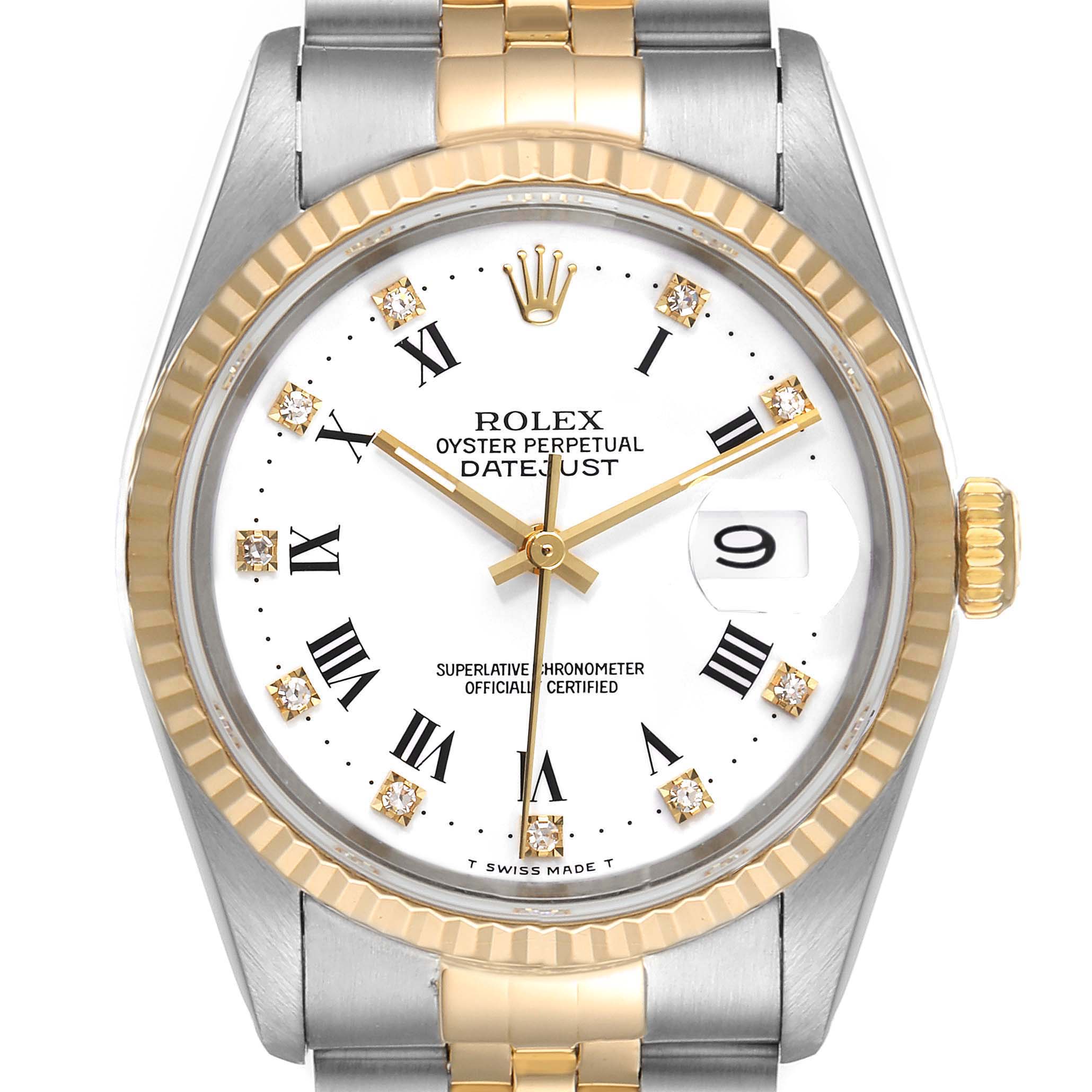 Rolex 36mm Datejust White Dial with Roman Numeral Markers 18k Yellow Gold  Fluted Bezel