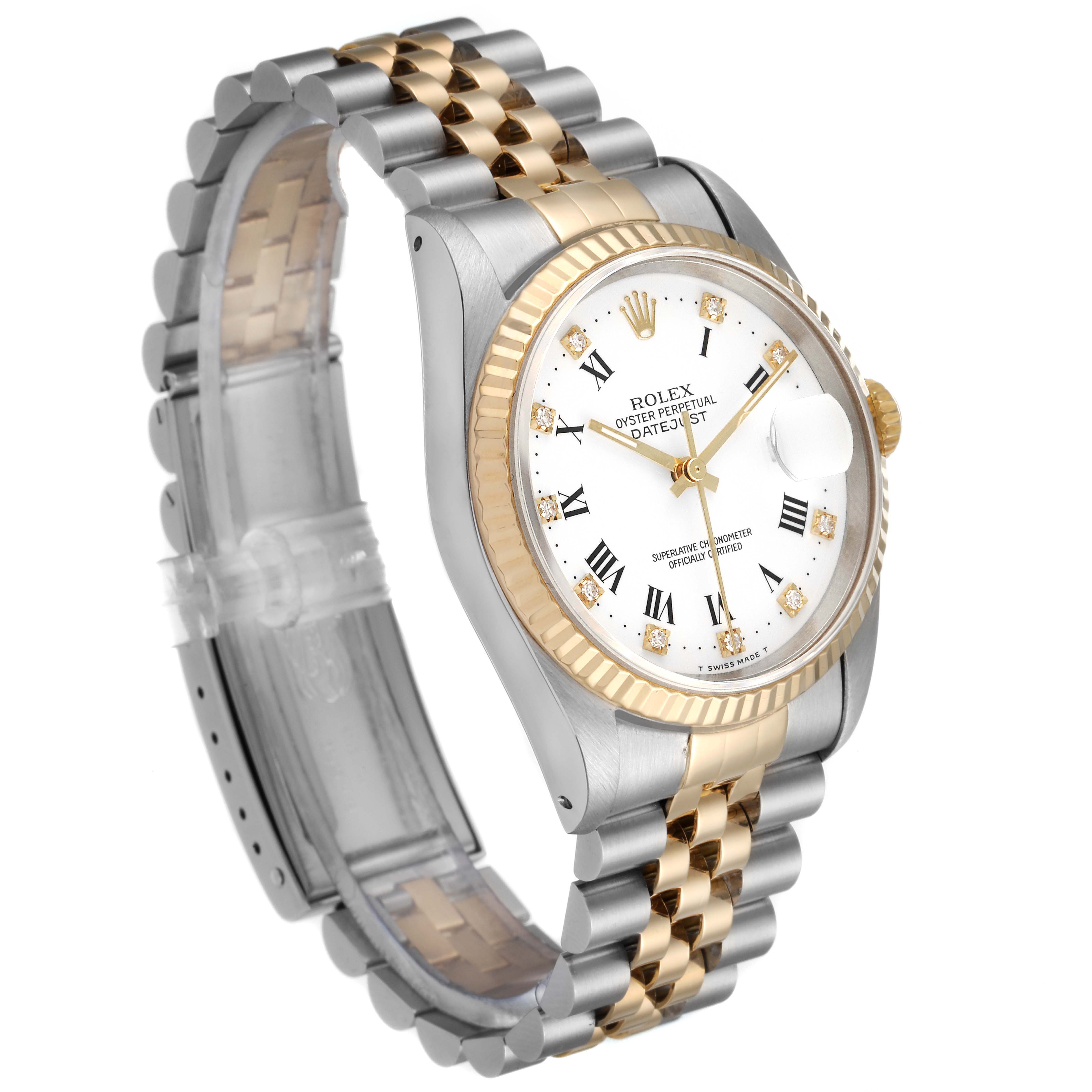 The image shows a Rolex Datejust 16233 Men's Steel and Gold (two tone) White Dial 16233 Men's Steel and Gold (two tone) White Dial watch at a slight angle, highlighting the face, fluted bezel, and two-tone bracelet.