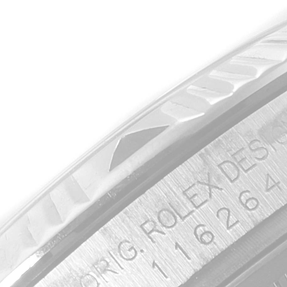 This image shows a close-up of the bezel and engraved edge of a Rolex Turn-o-Graph 116264 Men
s Stainless Steel Blue Dial 116264 Men
s Stainless Steel Blue Dial watch model.