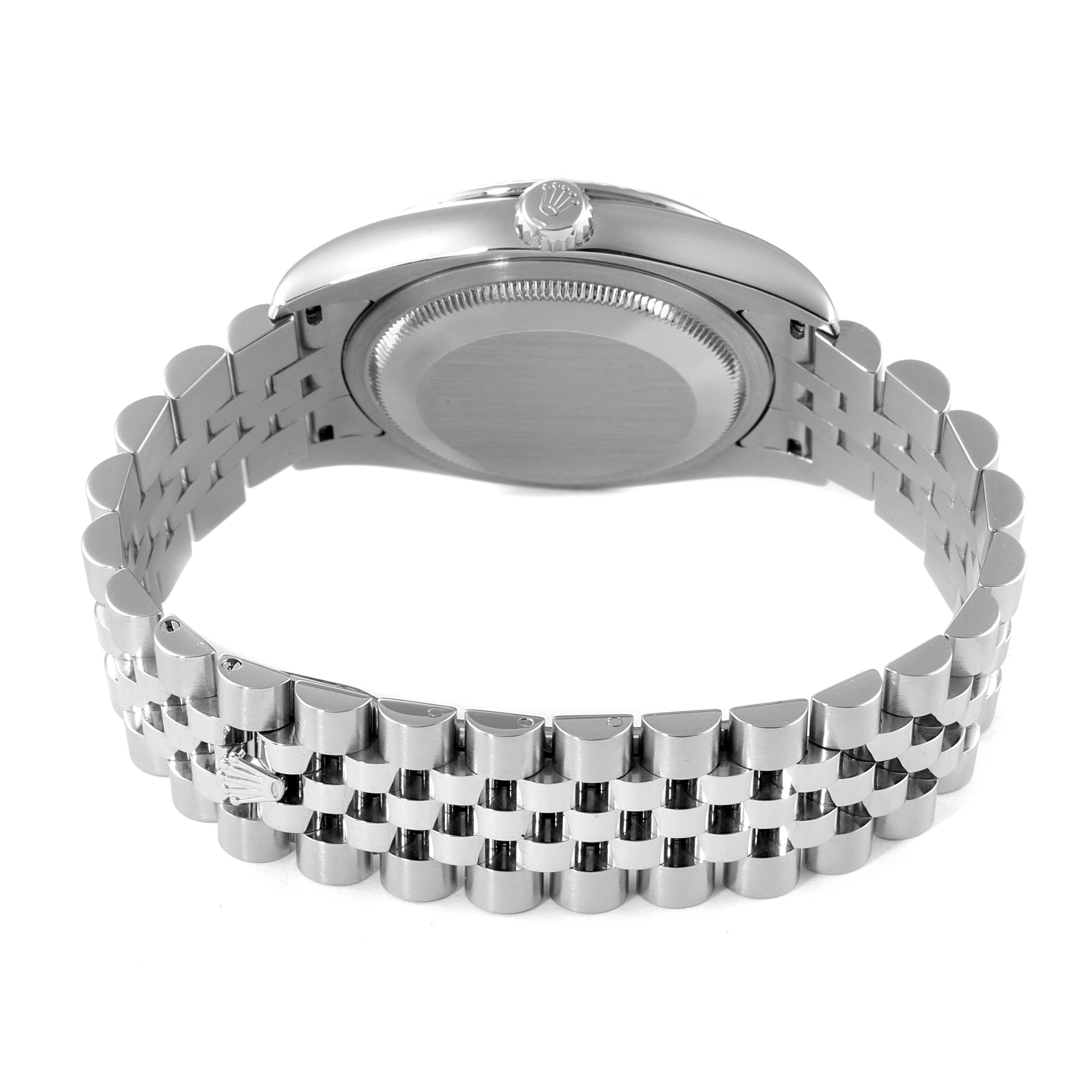 This image shows the back and bracelet of a Rolex Turn-o-Graph 116264 Men
s Stainless Steel Blue Dial 116264 Men
s Stainless Steel Blue Dial watch from a horizontal angle.