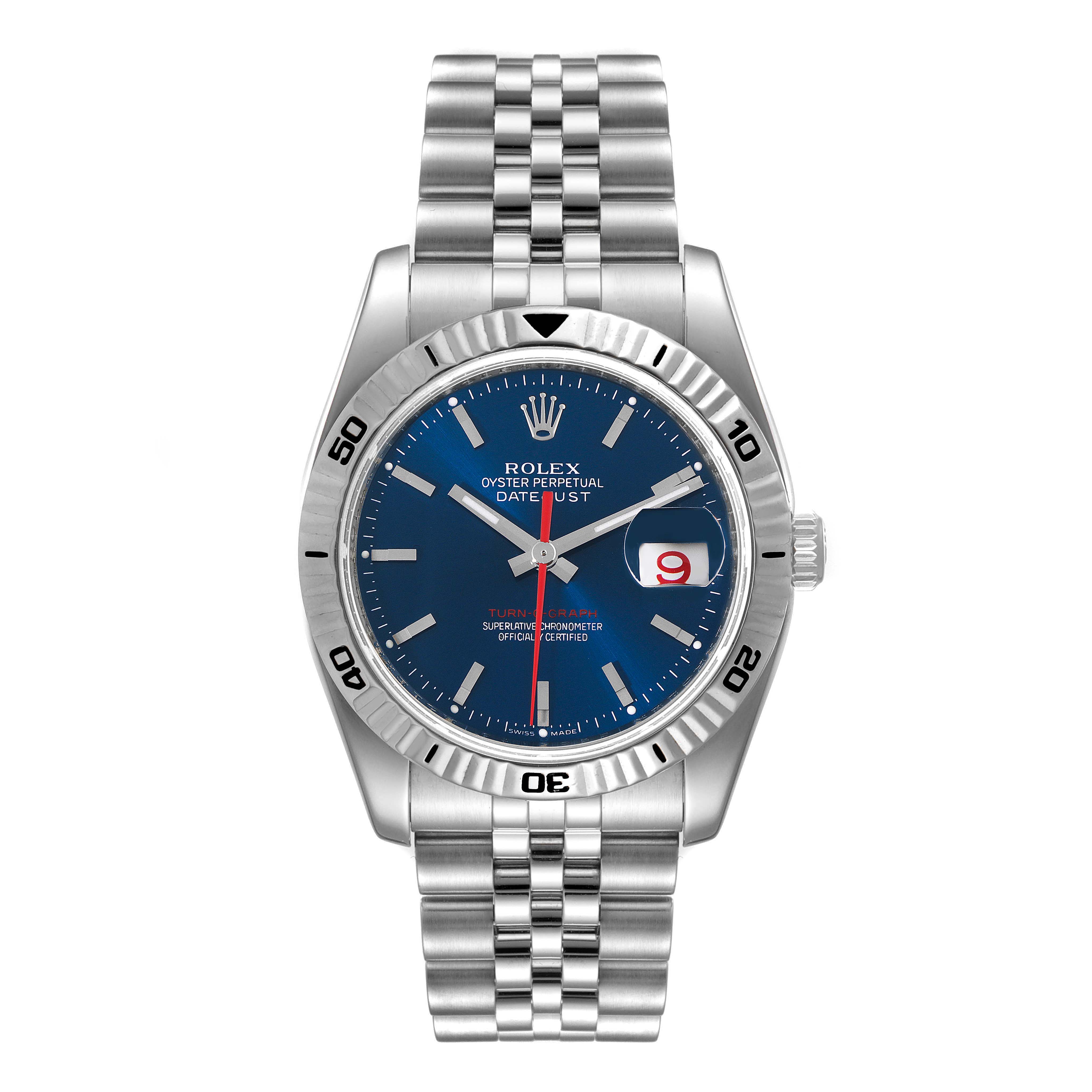 This image shows a Rolex Turn-o-Graph 116264 Men
s Stainless Steel Blue Dial 116264 Men
s Stainless Steel Blue Dial watch, featuring a blue dial, fluted bezel, jubilee bracelet, and date window at the 3 o
clock position.