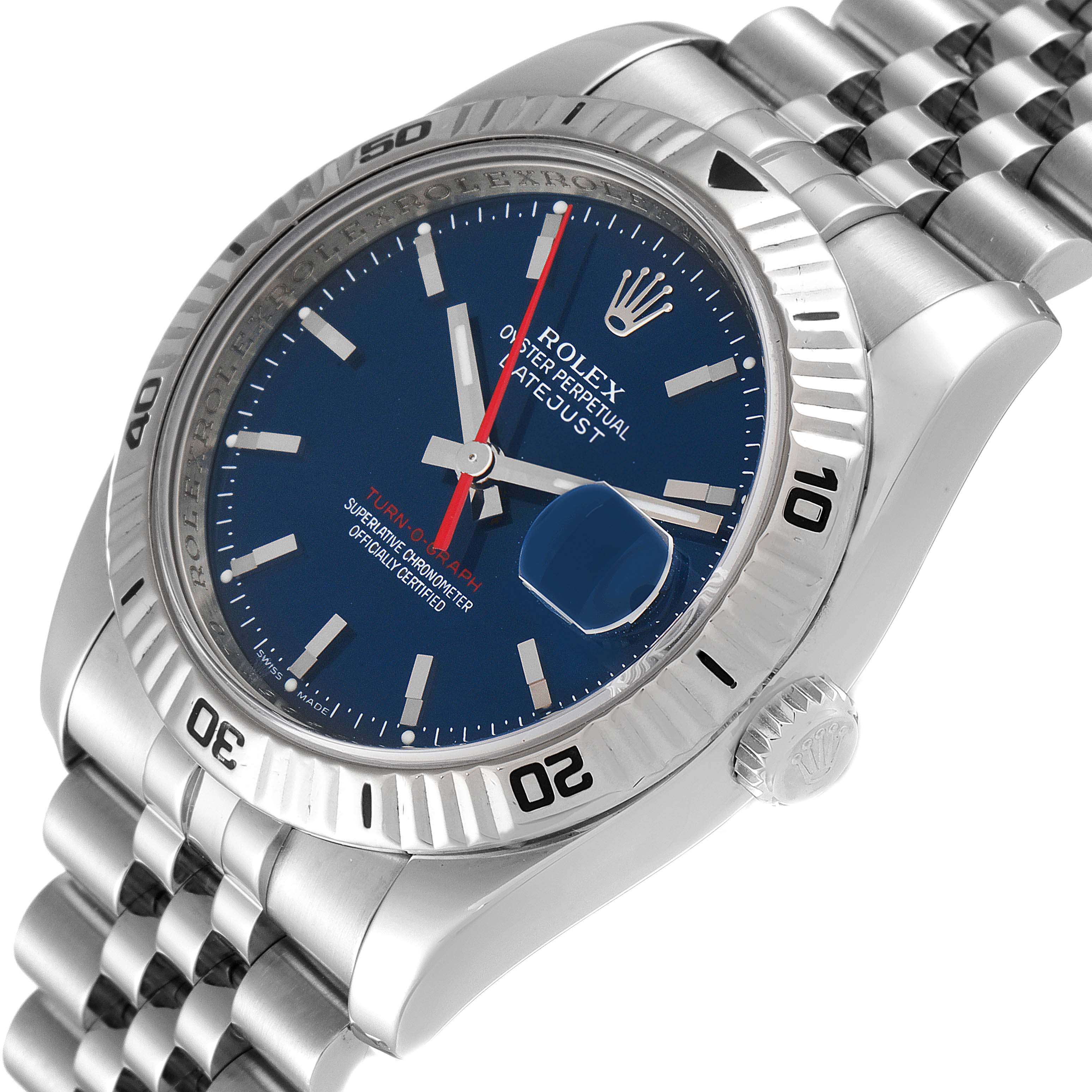 The image shows a Rolex Turn-o-Graph 116264 Men
s Stainless Steel Blue Dial 116264 Men
s Stainless Steel Blue Dial watch at a 45-degree angle, highlighting the bezel, dial, and bracelet.