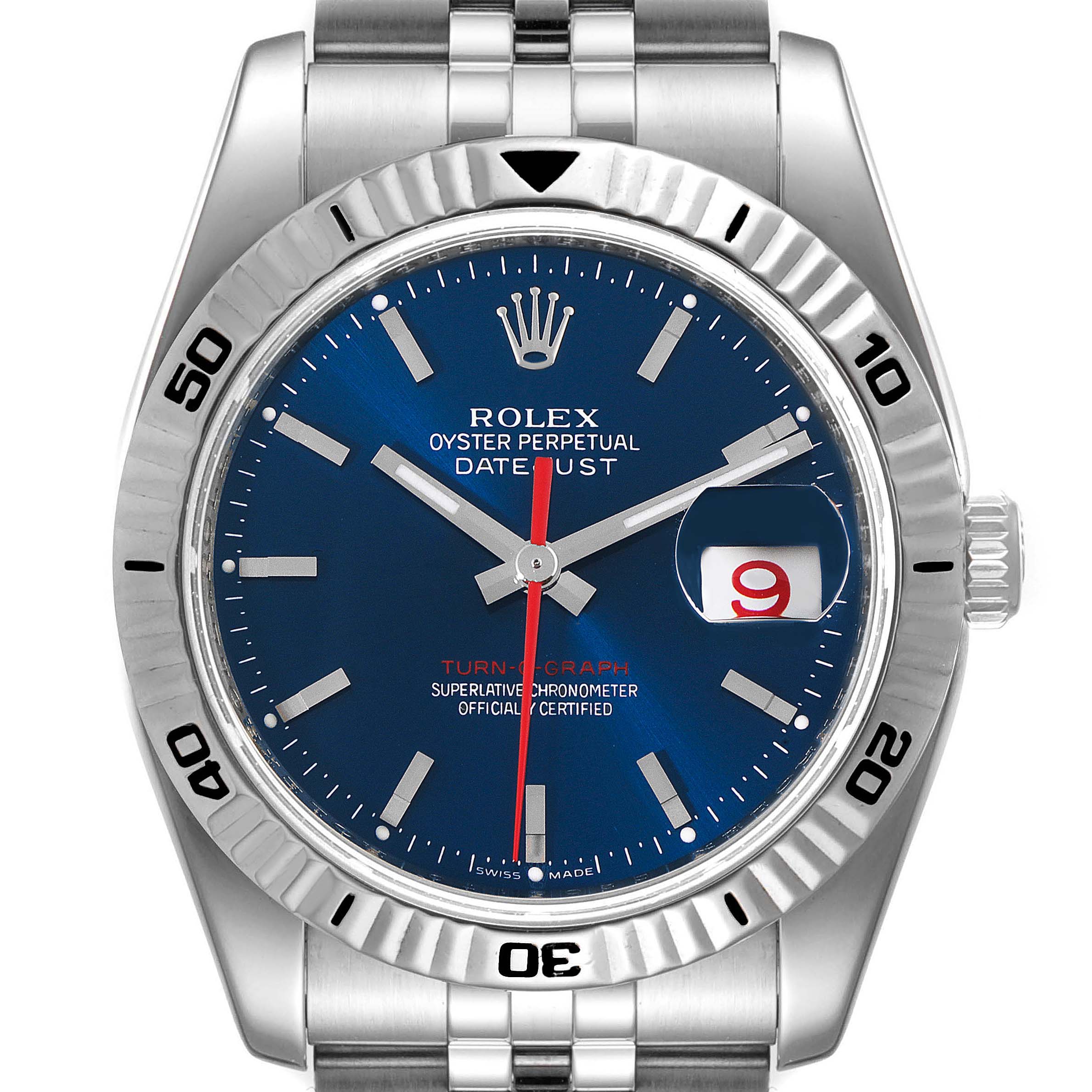 The image shows a front view of a Rolex Turn-o-Graph 116264 Men
s Stainless Steel Blue Dial 116264 Men
s Stainless Steel Blue Dial watch, highlighting its blue dial, date window, and stainless steel bezel.
