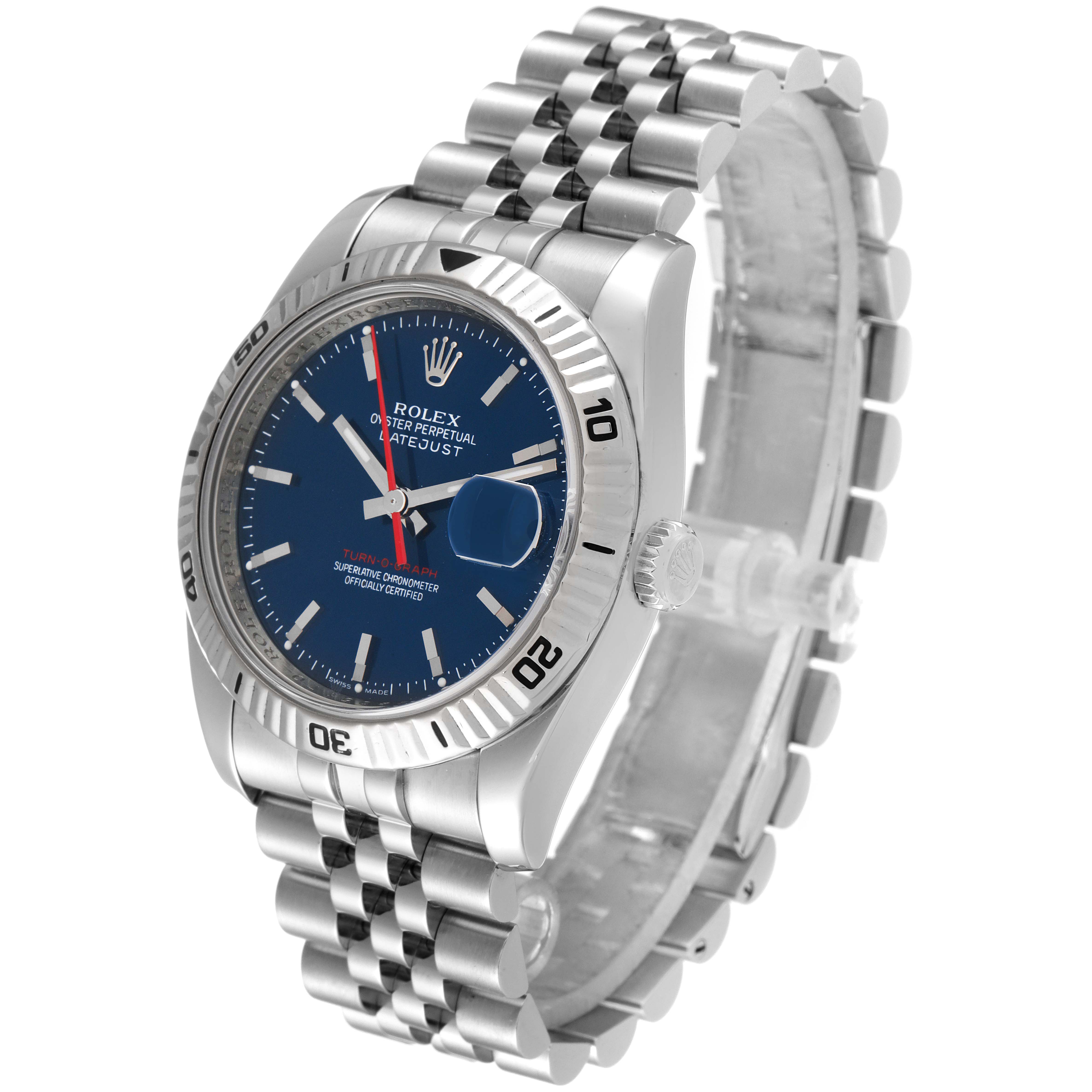 The image shows a Rolex Turn-o-Graph 116264 Men
s Stainless Steel Blue Dial 116264 Men
s Stainless Steel Blue Dial watch at a three-quarter angle, highlighting the face, bezel, and Jubilee bracelet.
