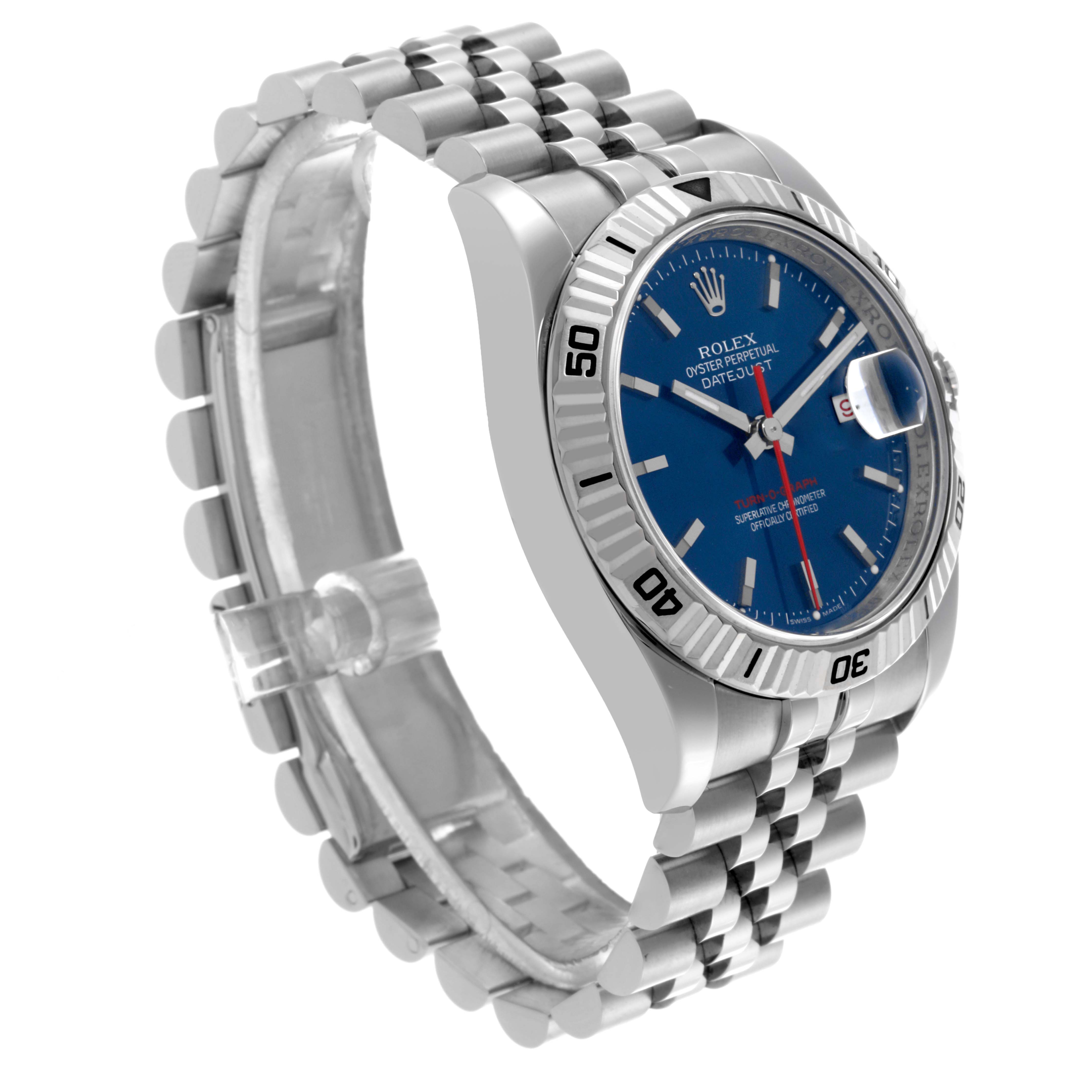 The Rolex Turn-o-Graph 116264 Men's Stainless Steel Blue Dial 116264 Men's Stainless Steel Blue Dial watch is shown at a three-quarter angle, highlighting its blue dial, bezel, and Jubilee bracelet.