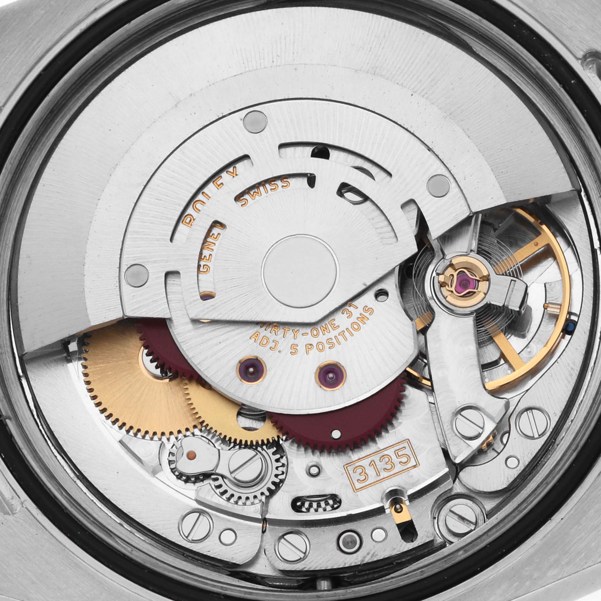 The image shows the movement of a Rolex Turn-o-Graph 116264 Men's Stainless Steel Blue Dial 116264 Men's Stainless Steel Blue Dial watch, highlighting its intricate gears and mechanisms from a top-down angle.