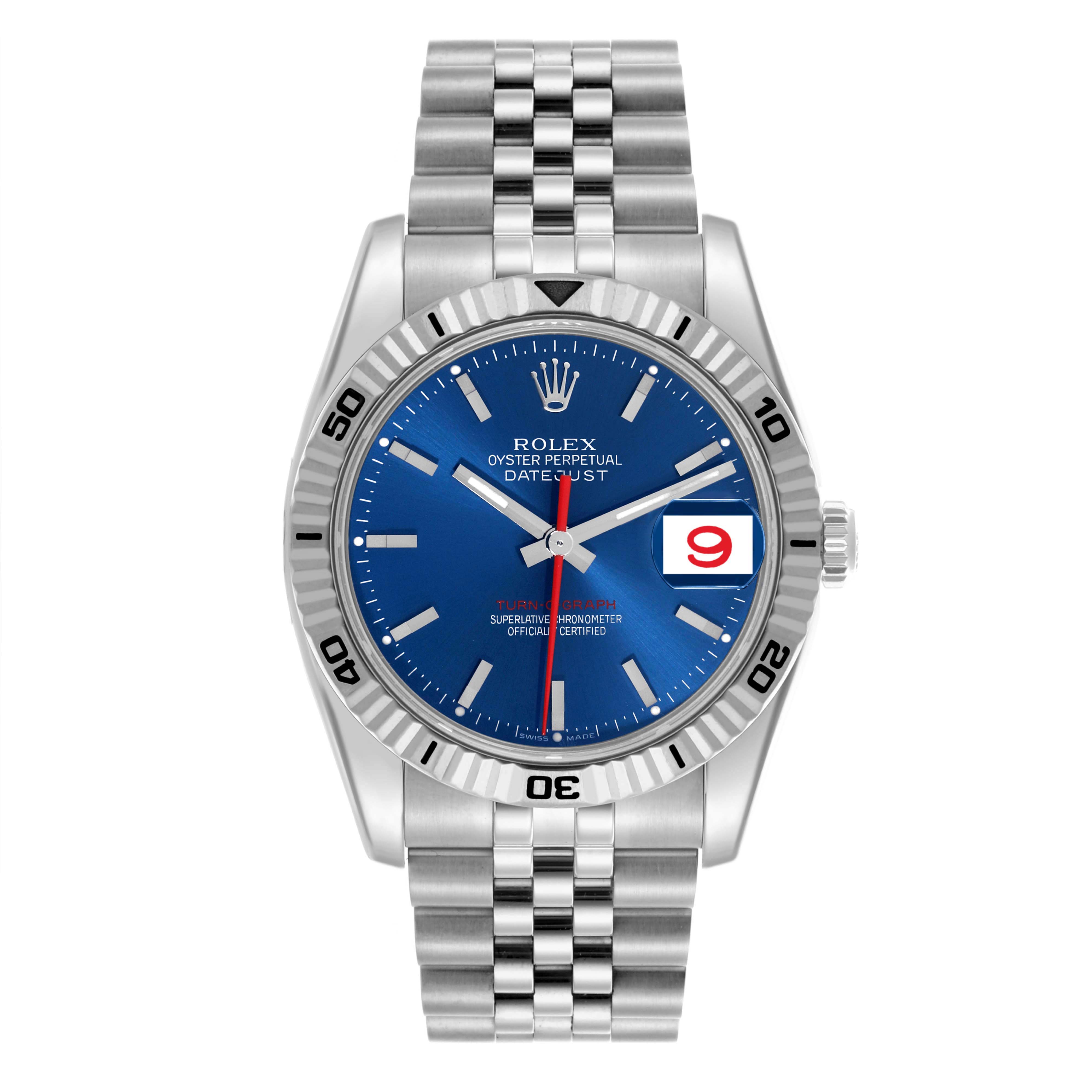 The image shows a Rolex Turn-o-Graph 116264 Men's Stainless Steel Blue Dial 116264 Men's Stainless Steel Blue Dial watch from the front, highlighting its blue dial, bezel, bracelet, and date display.