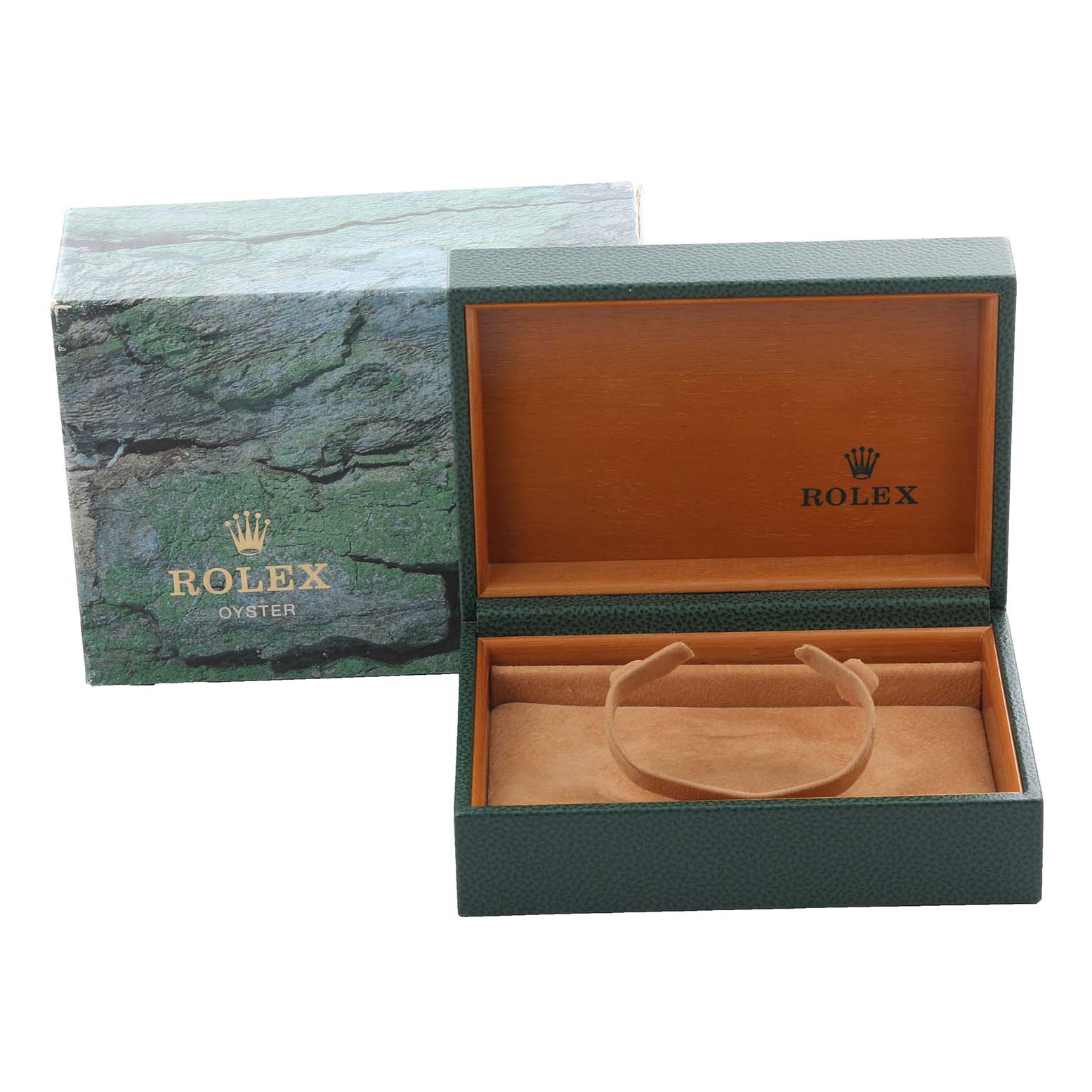 The image shows the open box of a Rolex Turn-o-Graph 116264 Men's Stainless Steel Blue Dial 116264 Men's Stainless Steel Blue Dial watch, featuring its green outer box and wood-lined interior.