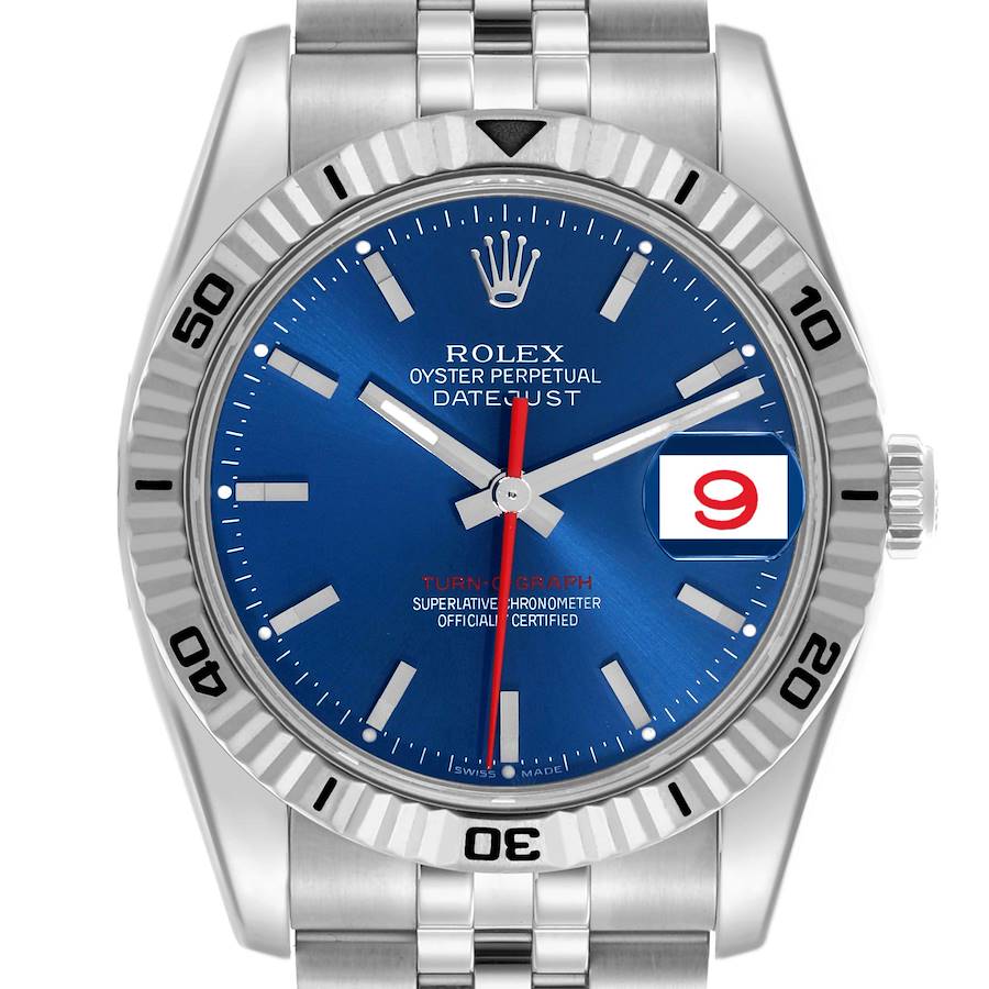 The image shows a Rolex Turn-o-Graph watch from a front angle, highlighting the dial, bezel, and bracelet.