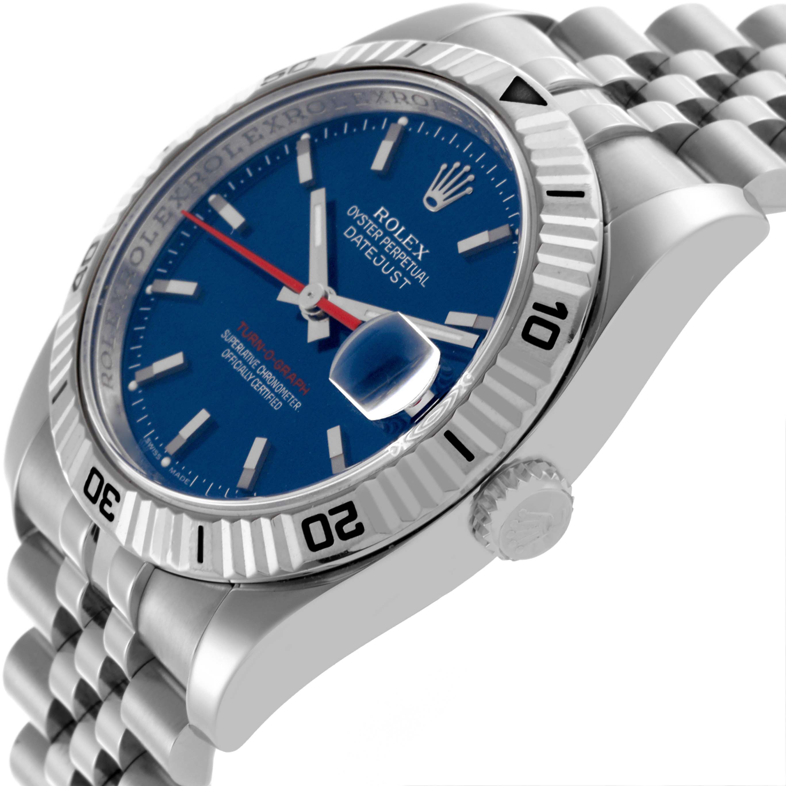 The Rolex Turn-o-Graph 116264 Men's Stainless Steel Blue Dial 116264 Men's Stainless Steel Blue Dial watch is shown at a side angle, displaying the case, bezel, dial, crown, and part of the bracelet.