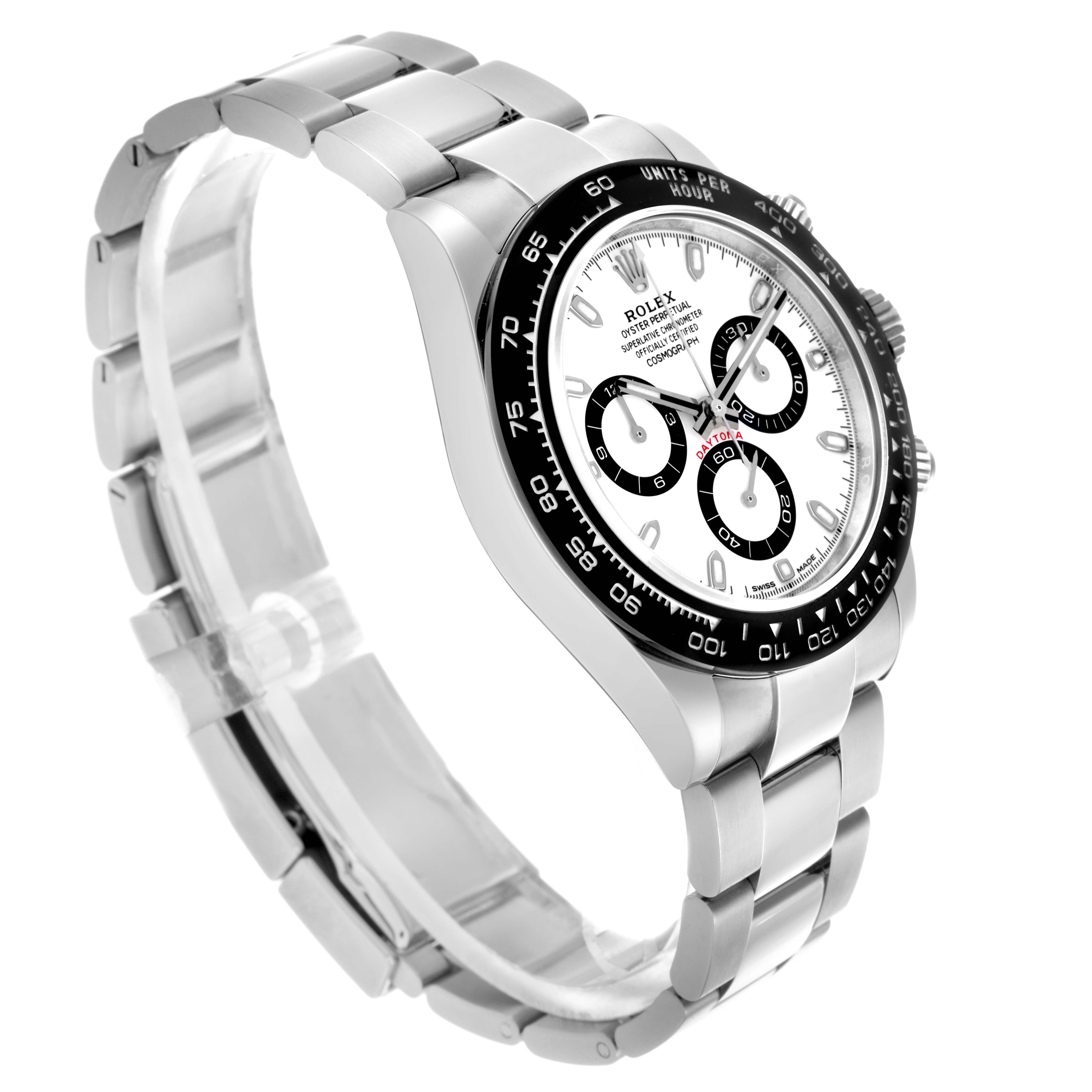 The Rolex Daytona 116500LN Men's Stainless Steel White Dial 116500LN Men's Stainless Steel White Dial watch is shown at a three-quarter angle, displaying the bezel, dial, bracelet, and side buttons.