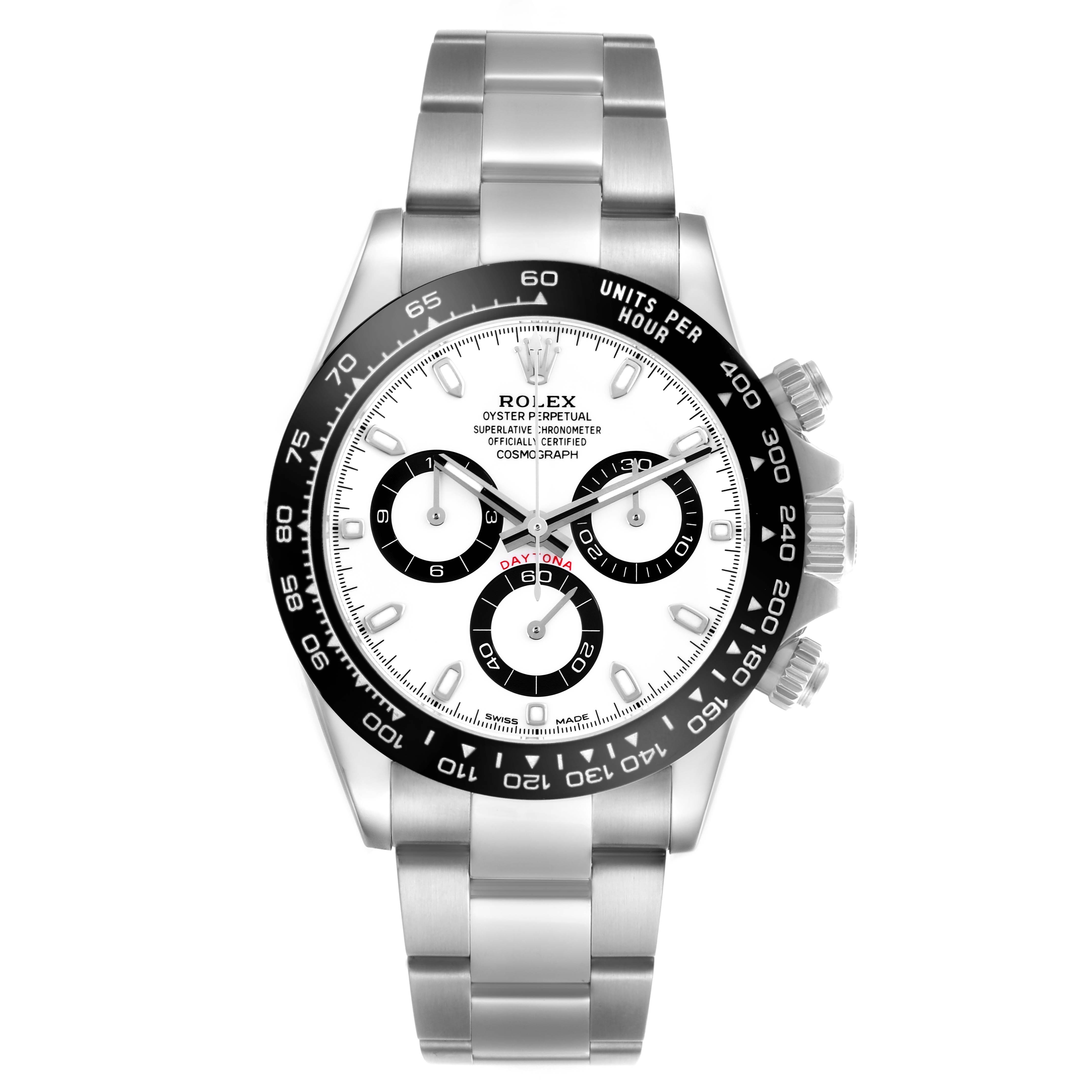 The Rolex Daytona 116500LN Men's Stainless Steel White Dial 116500LN Men's Stainless Steel White Dial watch is shown from a front angle, displaying its bezel, dial, and bracelet clearly.