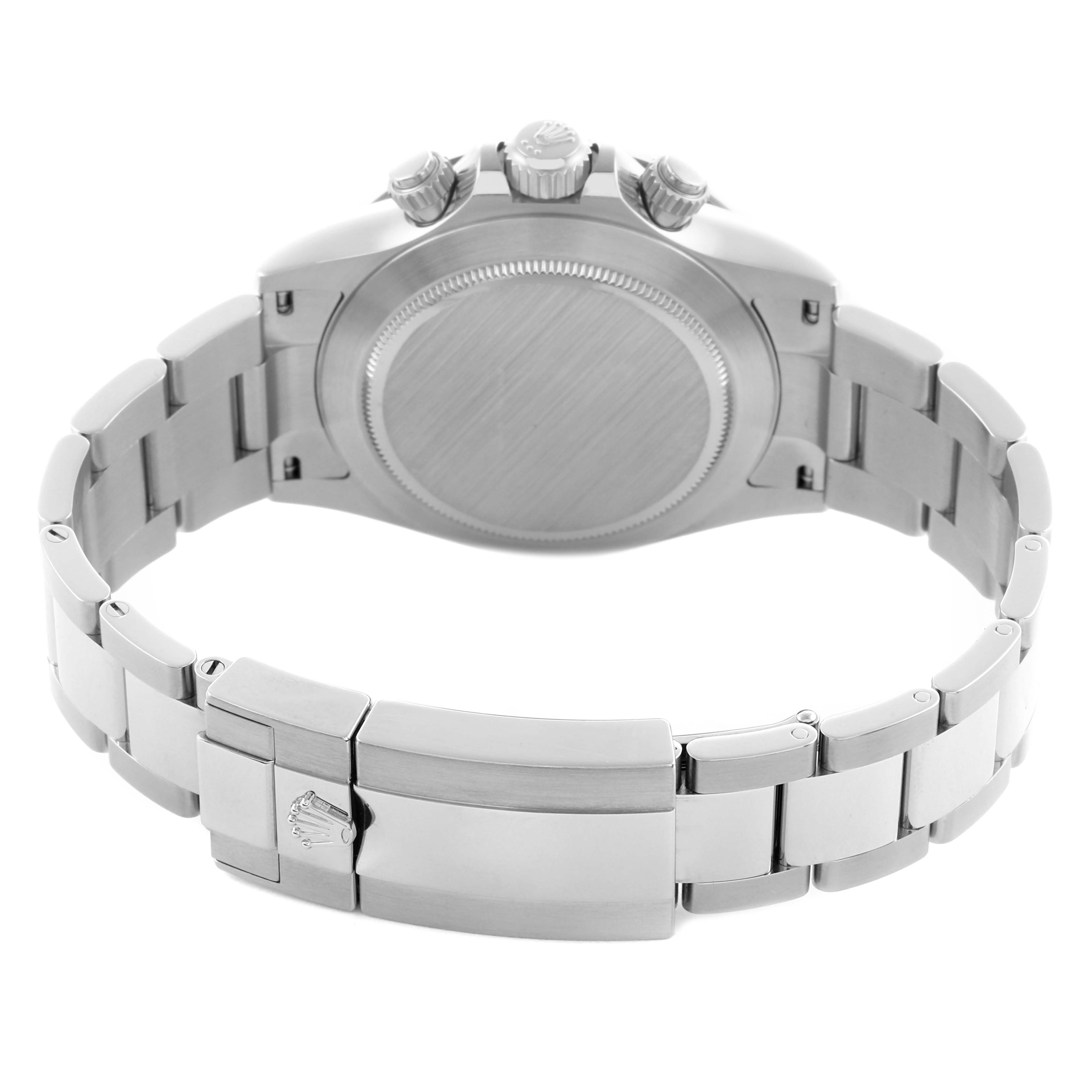 The image shows the back view of a Rolex Daytona 116500LN Men's Stainless Steel White Dial 116500LN Men's Stainless Steel White Dial watch, highlighting the case back, bracelet, and clasp.