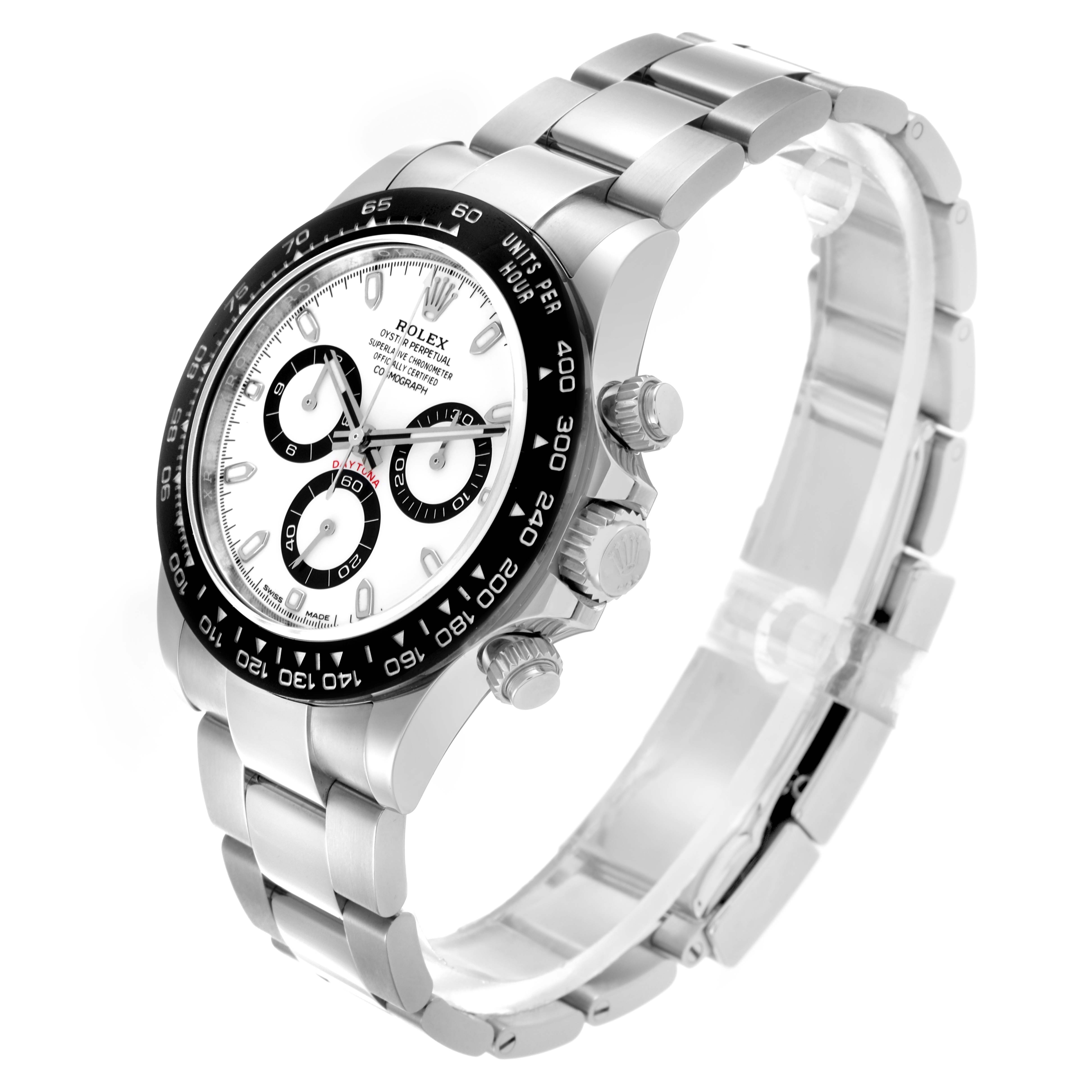 The Rolex Daytona 116500LN Men's Stainless Steel White Dial 116500LN Men's Stainless Steel White Dial watch is shown at a three-quarter angle, highlighting the face, bezel, crown, and bracelet.