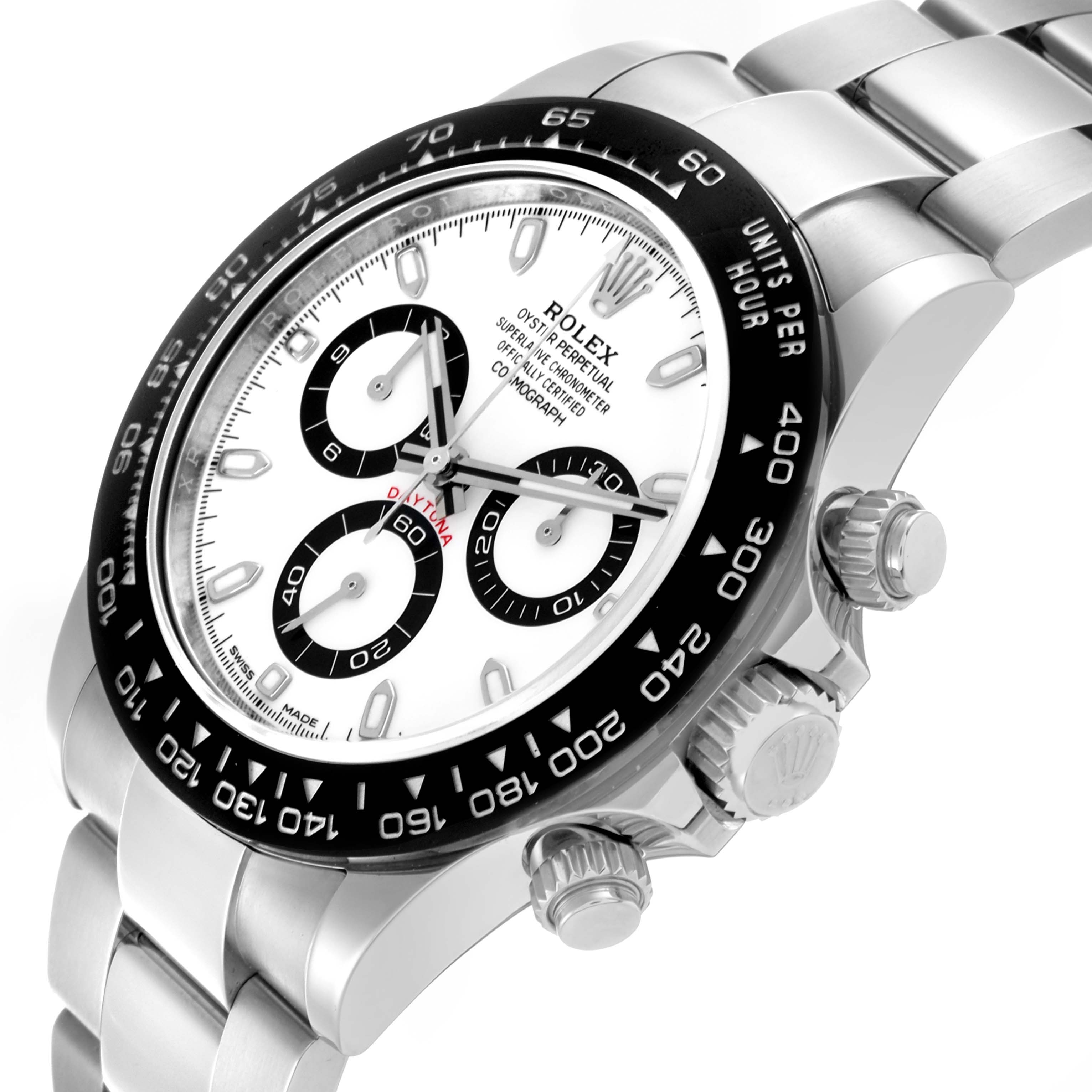 The Rolex Daytona 116500LN Men's Stainless Steel White Dial 116500LN Men's Stainless Steel White Dial watch is shown from a three-quarter angle, highlighting the dial, bezel, and bracelet.