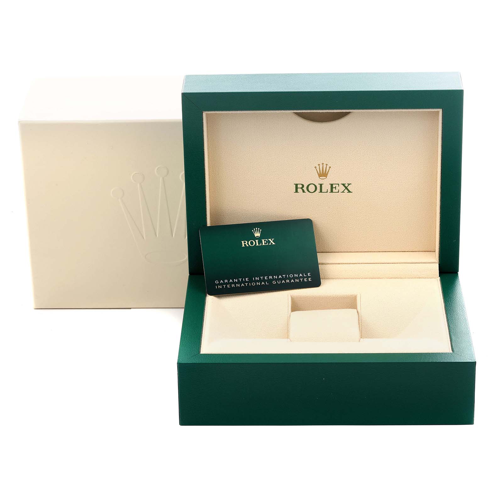 The image shows an open Rolex Daytona 116500LN Men's Stainless Steel White Dial 116500LN Men's Stainless Steel White Dial watch box and guarantee card, viewed from the front.