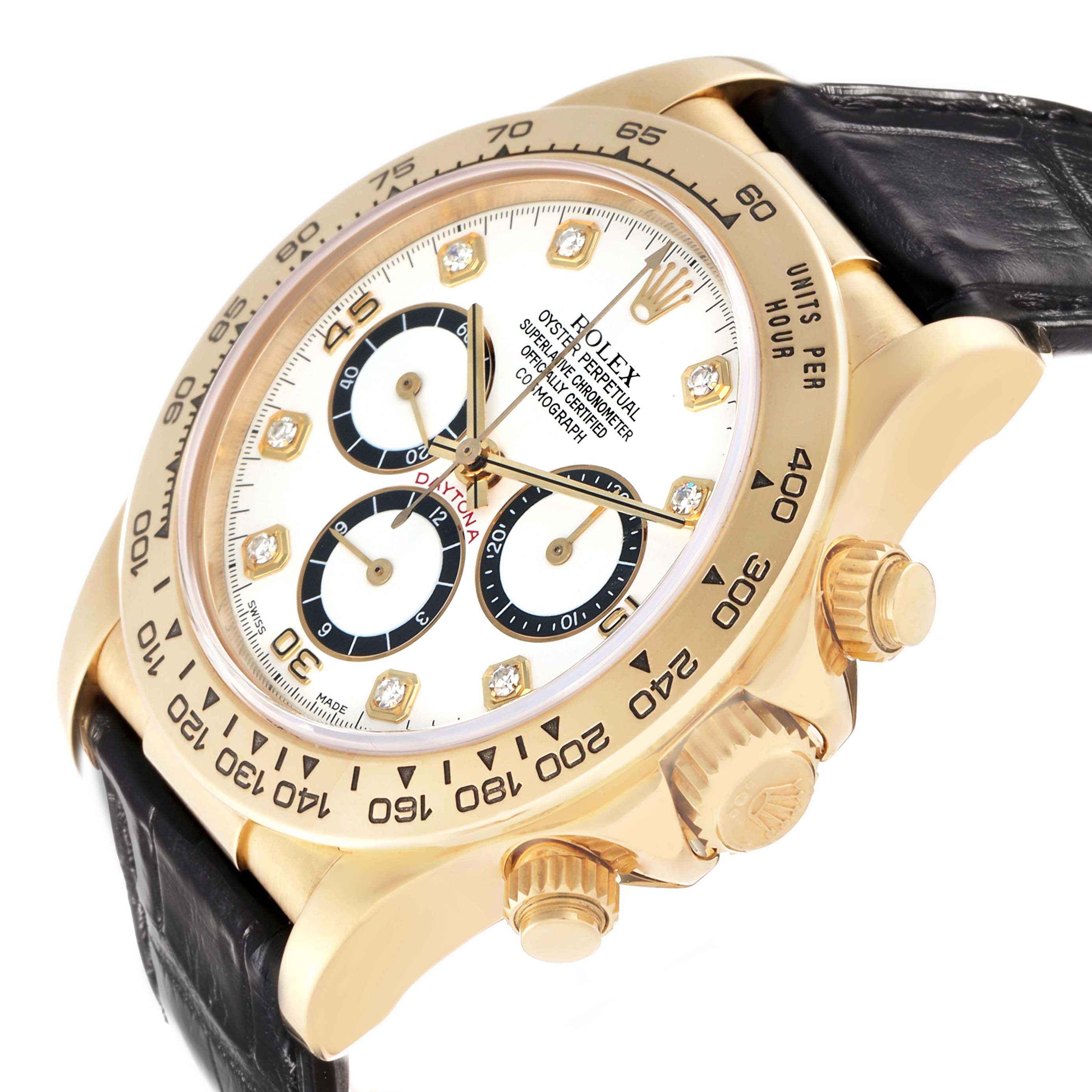 The image shows a Rolex Daytona 16518 Men's Yellow Gold White Dial model from a slightly angled side view, highlighting the dial, bezel, pushers, and crown.