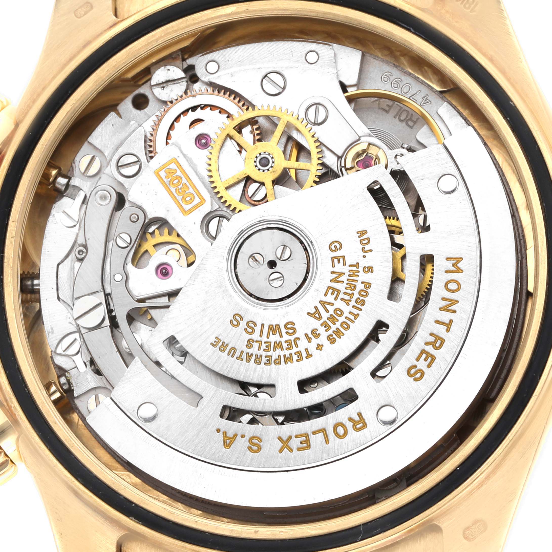 The image shows the intricate movement inside the Rolex Daytona 16518 Men's Yellow Gold White Dial, focusing on its gears and rotor from the back.