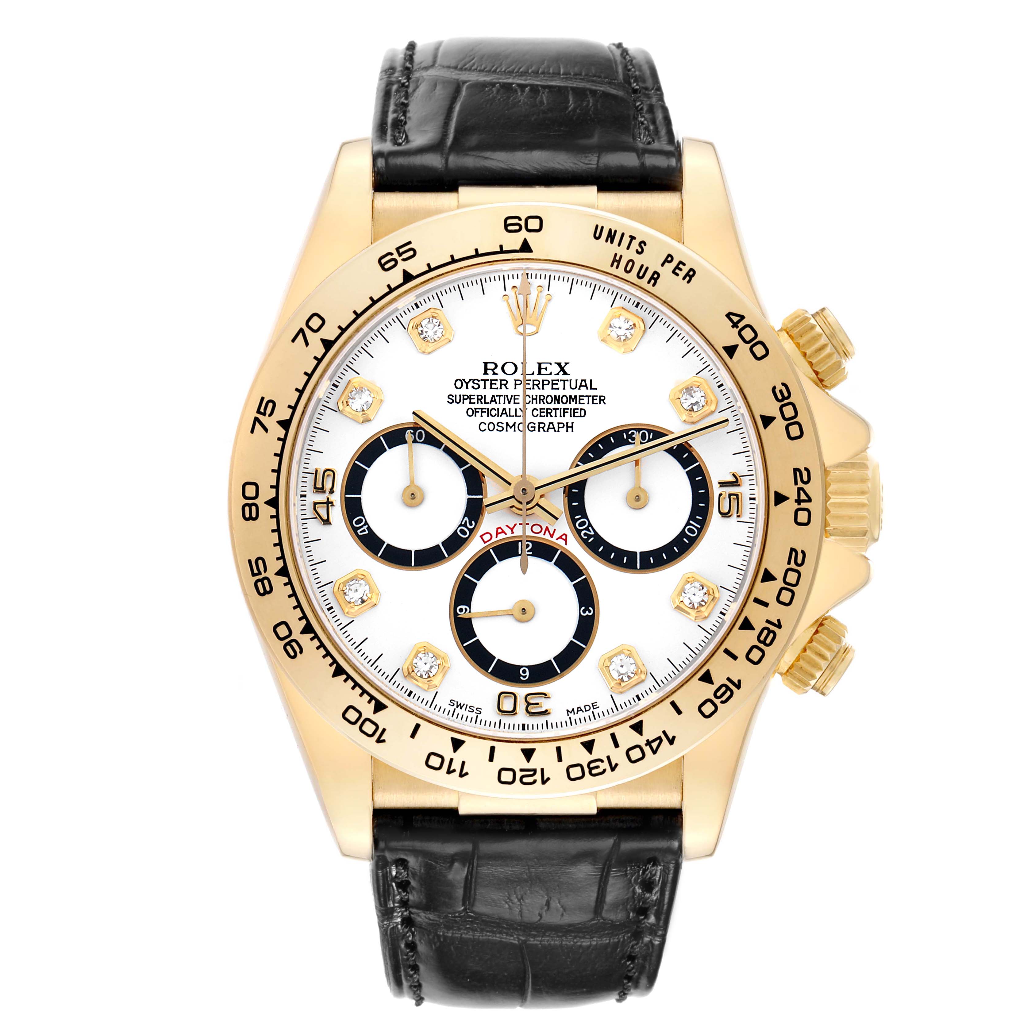 The Rolex Daytona 16518 Men's Yellow Gold White Dial watch is shown from the front, featuring its bezel, dial, subdials, and leather strap.