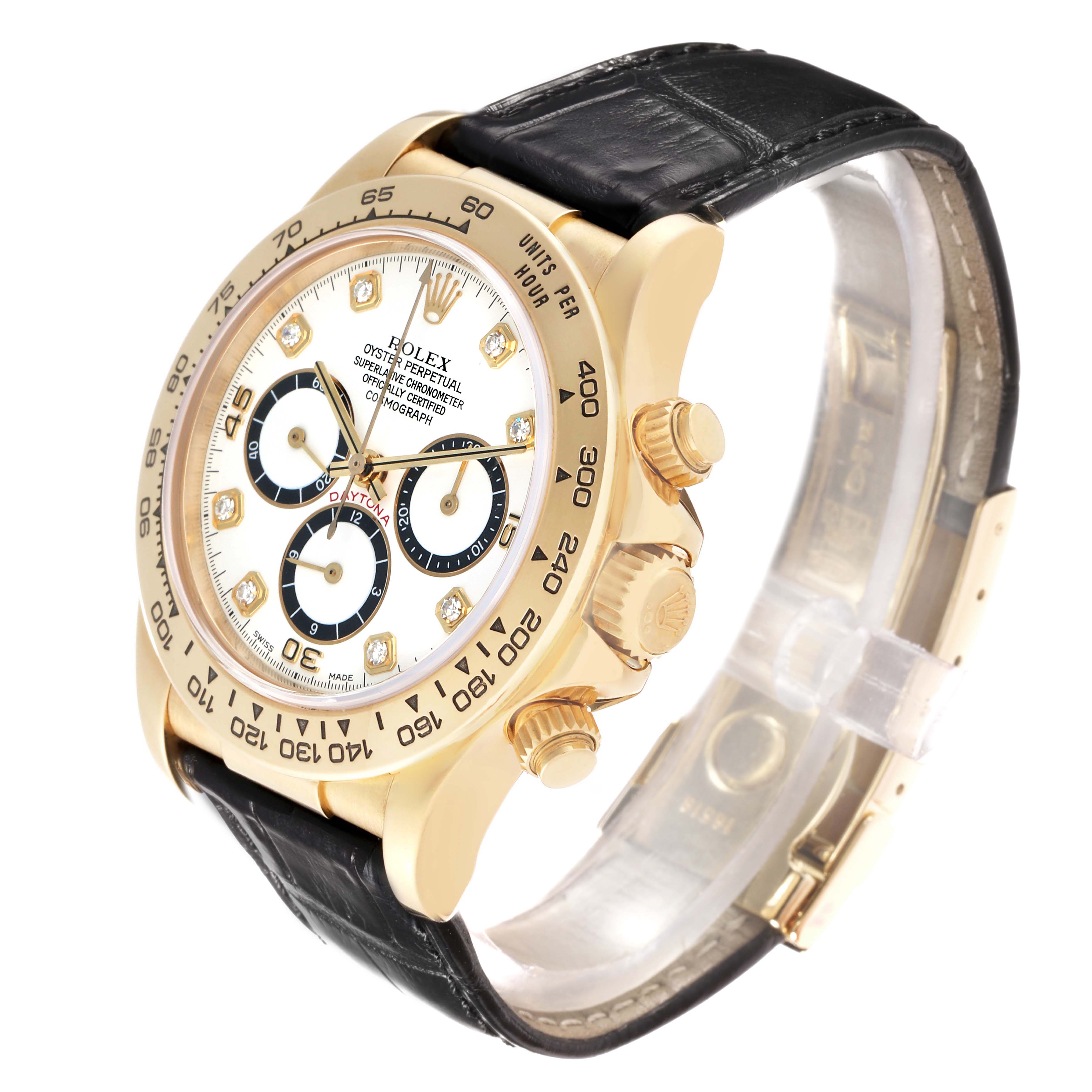 The Rolex Daytona 16518 Men's Yellow Gold White Dial watch is shown at a three-quarter angle, displaying the face, bezel, case, crown, and leather strap.