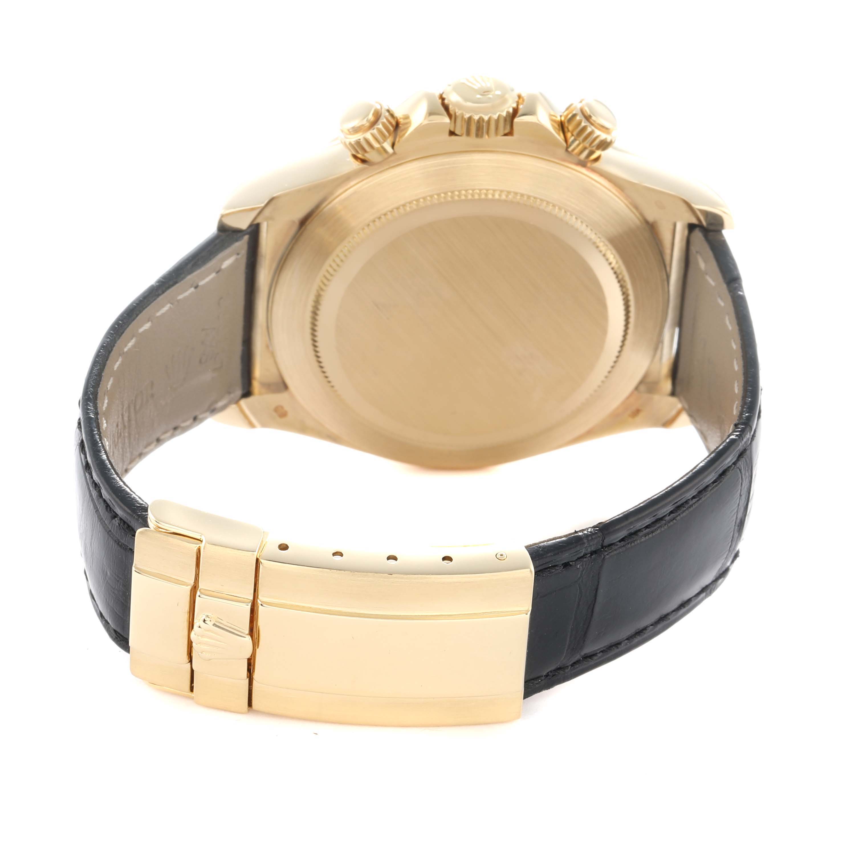 The image shows the back view of a Rolex Daytona 16518 Men's Yellow Gold White Dial watch, highlighting the case back, crown, pushers, and leather strap with clasp.