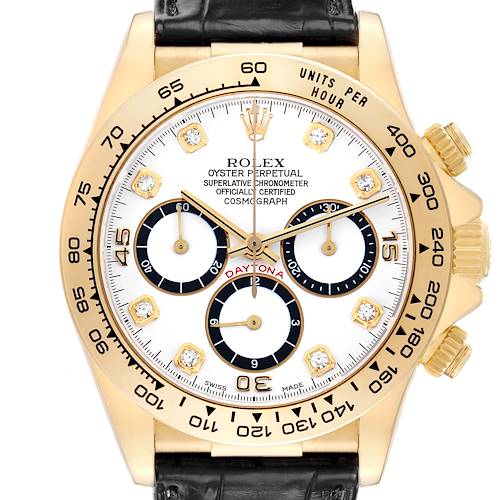 The Rolex Daytona 16518 Men's Yellow Gold White Dial watch is shown from the front, highlighting its bezel, dial, subdials, and leather strap.
