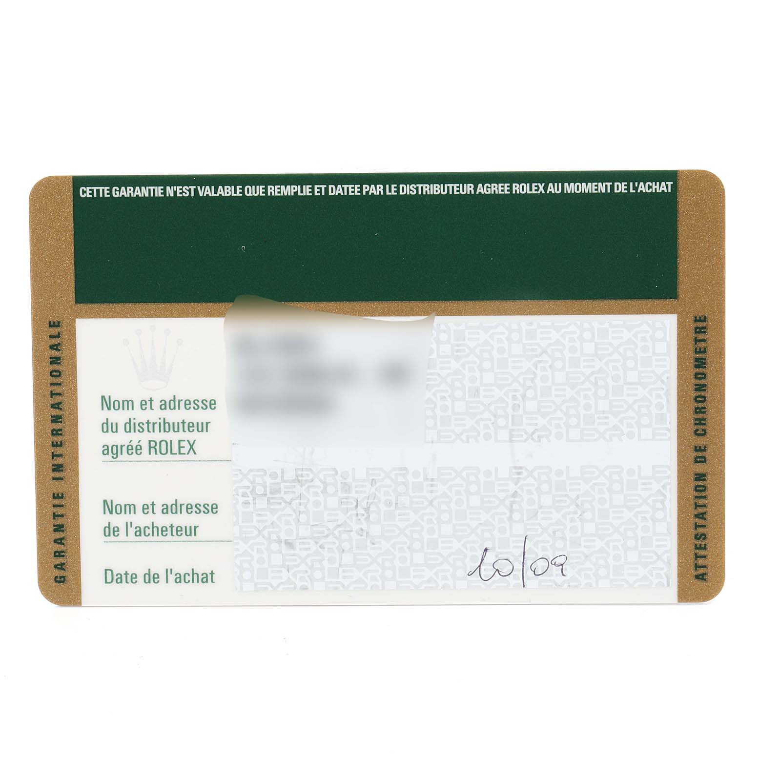 This image shows a warranty card for the Rolex Explorer 16570 Men's Stainless Steel White Dial 16570 Men's Stainless Steel White Dial model, including the distributor and buyer's information.