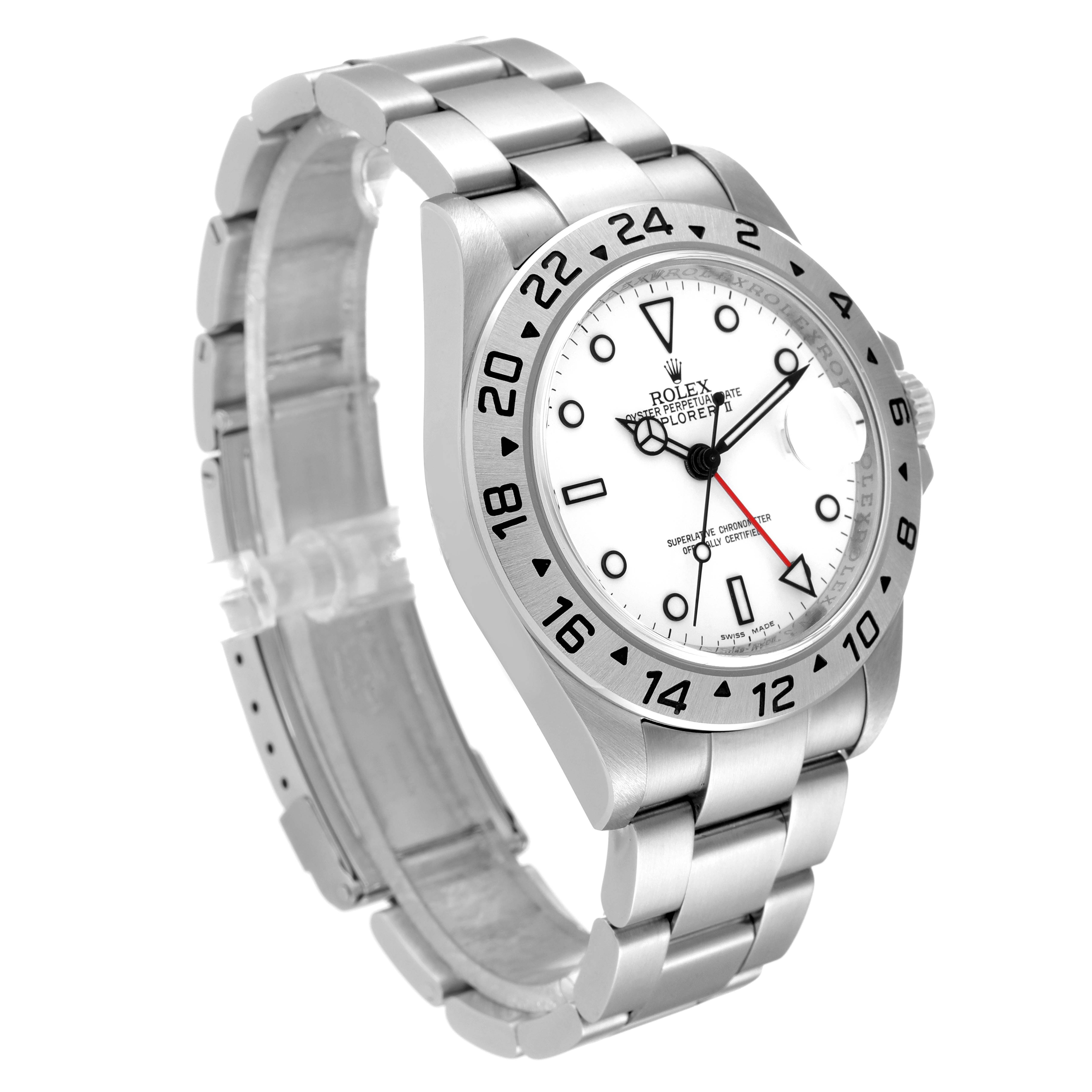 This image shows a side and front view of a Rolex Explorer 16570 Men's Stainless Steel White Dial 16570 Men's Stainless Steel White Dial watch, focusing on its dial, bezel, and bracelet.