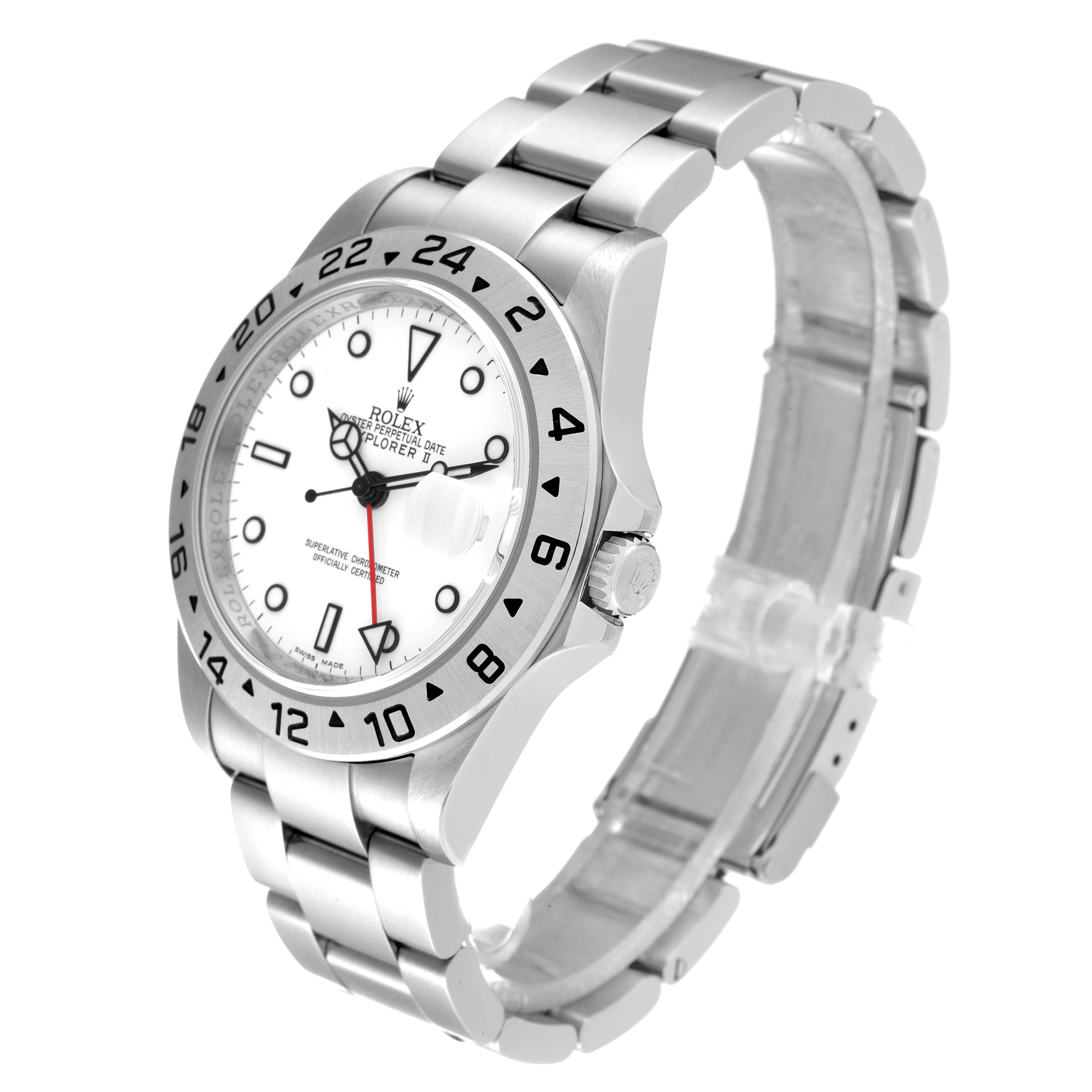 The image shows a side angle view of the Rolex Explorer 16570 Men's Stainless Steel White Dial 16570 Men's Stainless Steel White Dial watch, displaying its dial, bezel, crown, and bracelet.