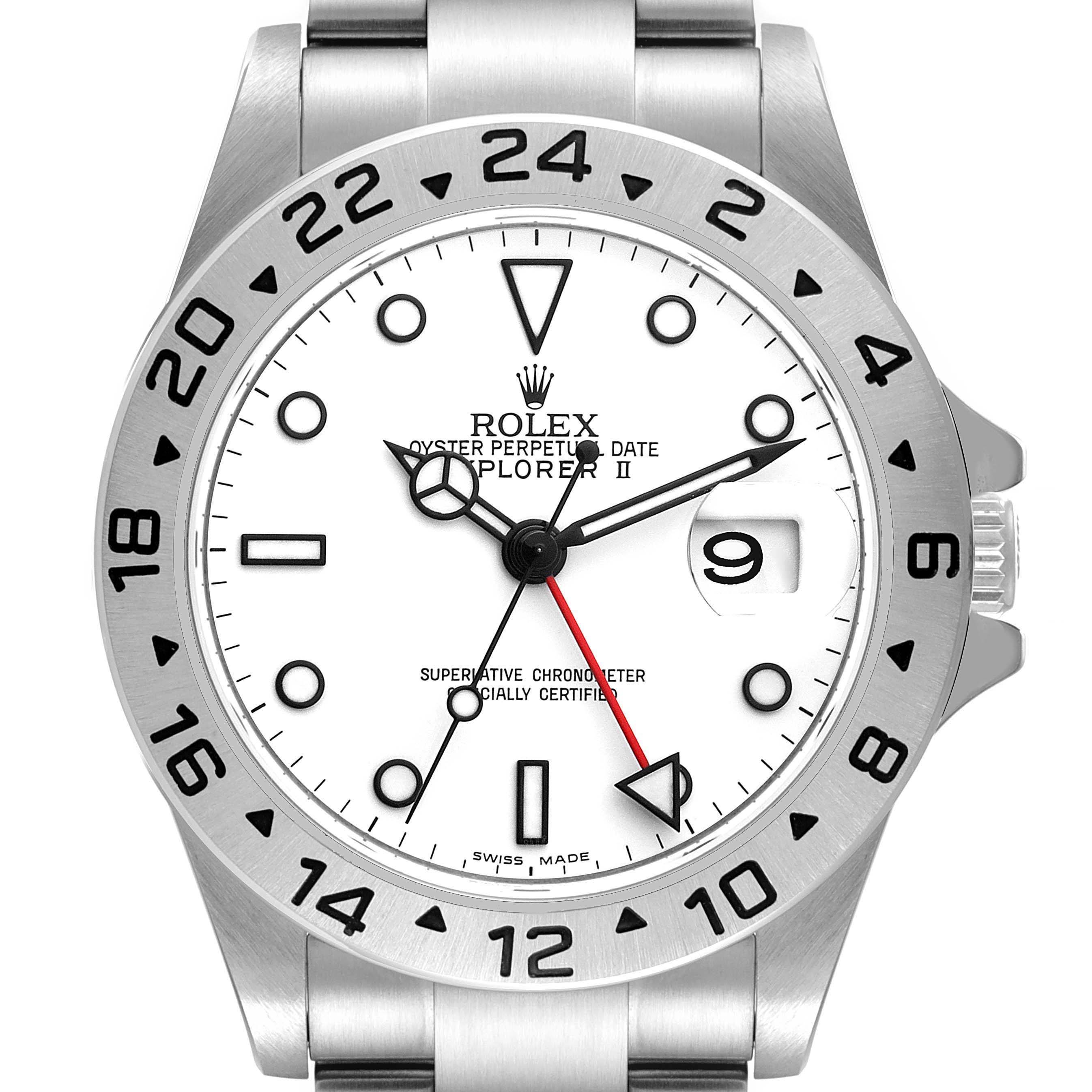This image shows the front view of a Rolex Explorer 16570 Men's Stainless Steel White Dial 16570 Men's Stainless Steel White Dial watch, highlighting the dial, bezel, and part of the bracelet.
