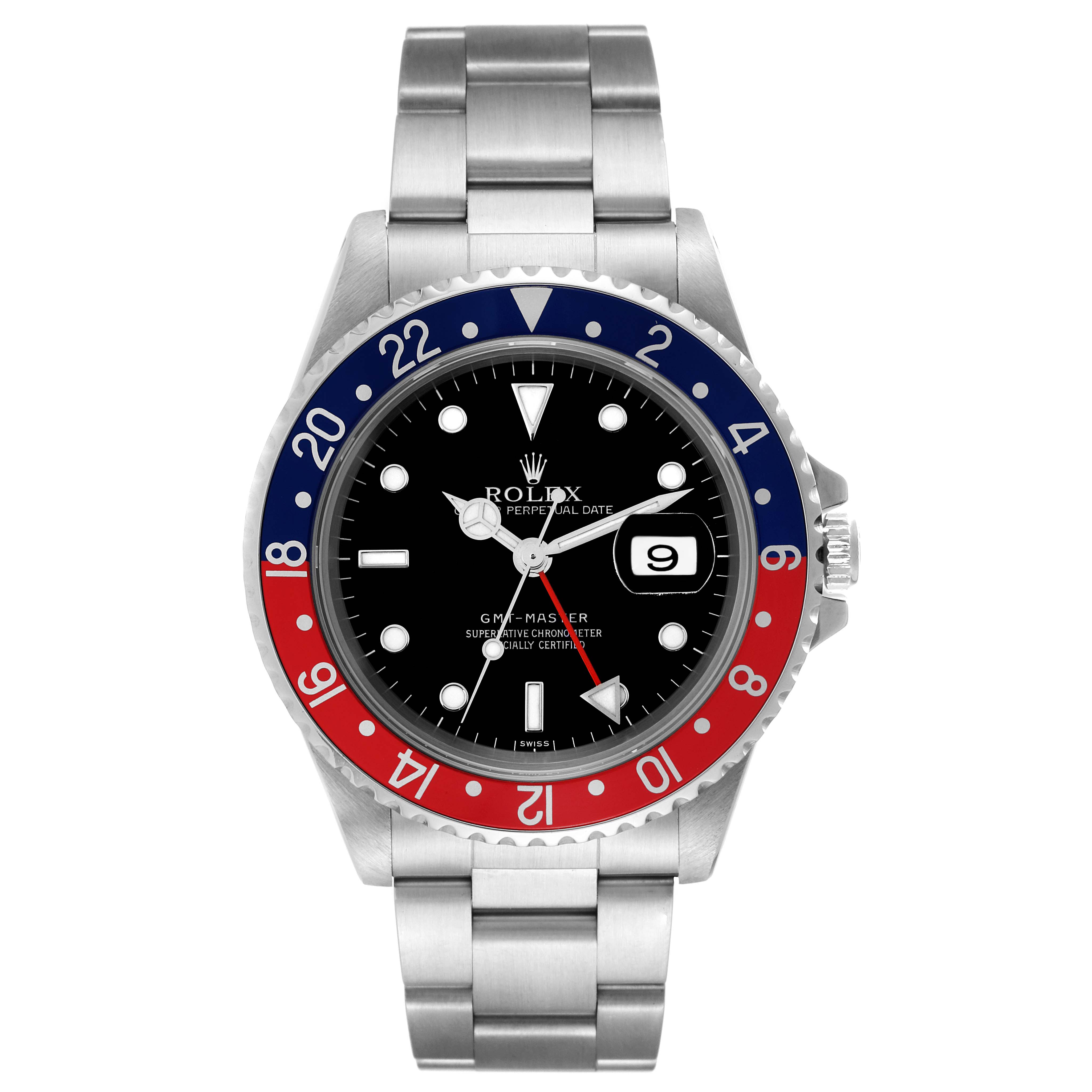 The image shows a front view of a Rolex GMT-Master 16700 Men's Stainless Steel Black Dial 16700 Men's Stainless Steel Black Dial watch, highlighting the bezel, face, bracelet, and date window.
