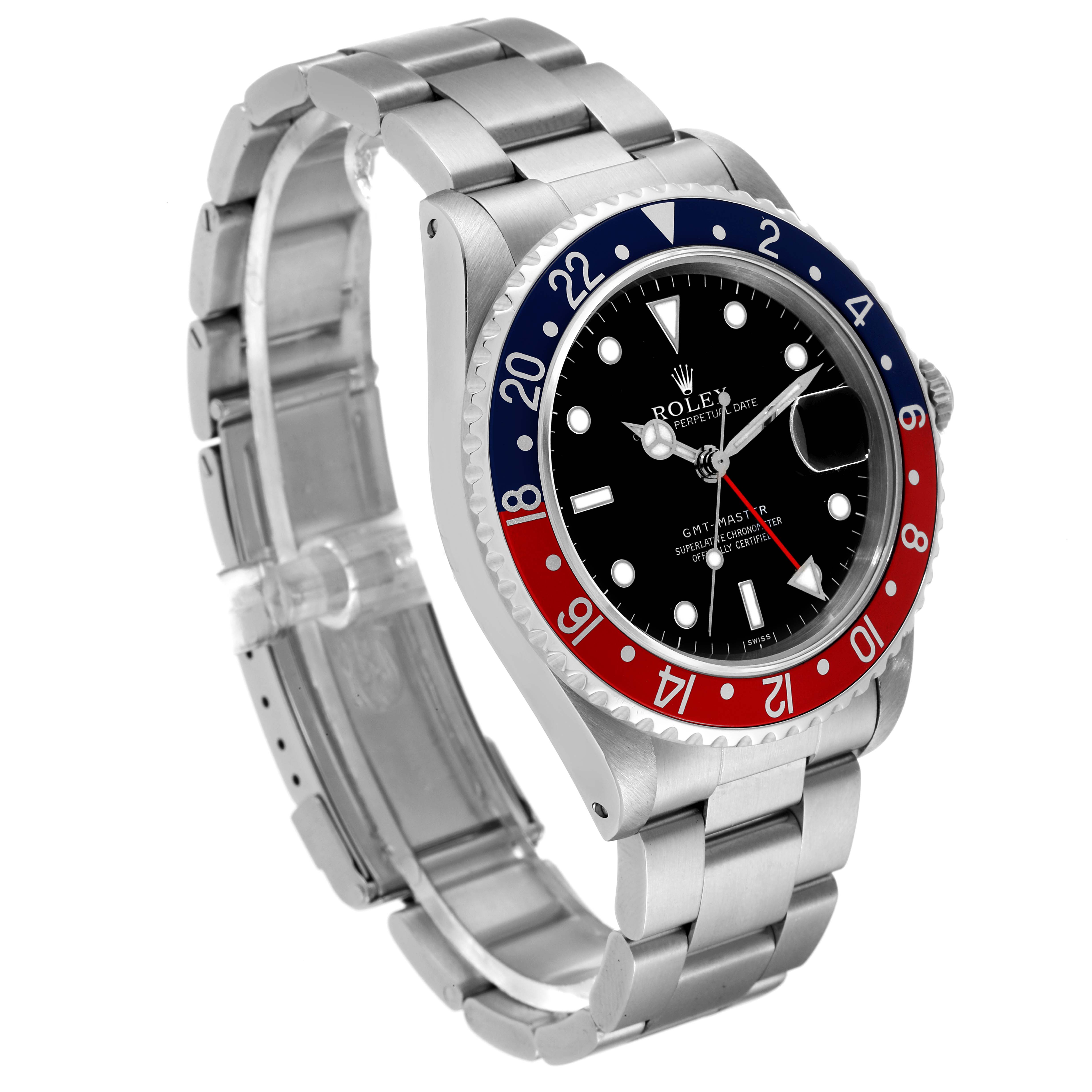 This image shows a Rolex GMT-Master 16700 Men's Stainless Steel Black Dial 16700 Men's Stainless Steel Black Dial watch at a three-quarter angle, highlighting its bezel, dial, bracelet, and clasp.