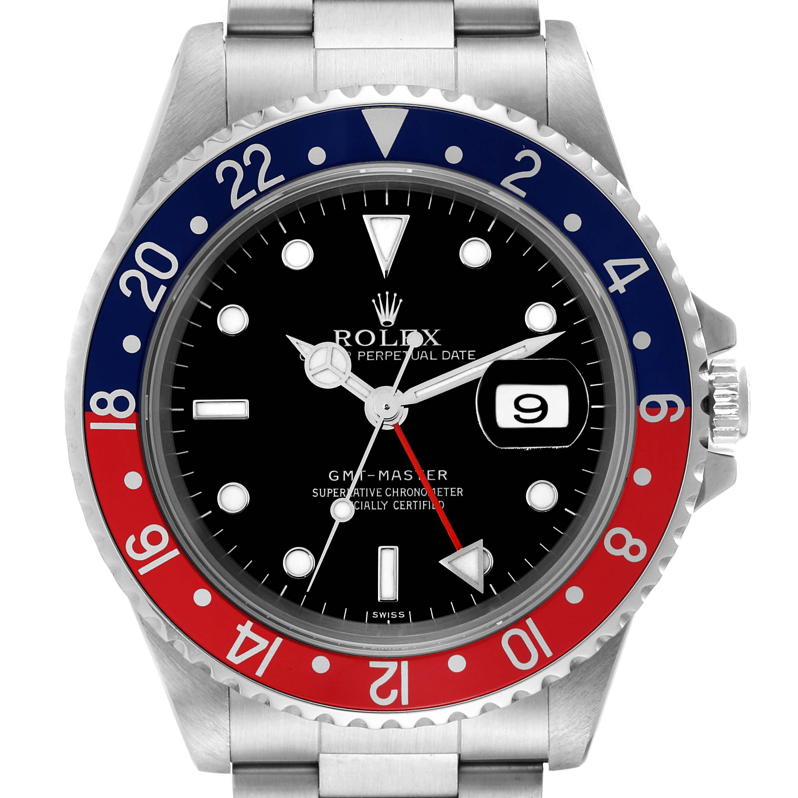 The Rolex GMT-Master 16700 Men's Stainless Steel Black Dial 16700 Men's Stainless Steel Black Dial watch is shown from a front-facing angle, displaying its bezel, dial, and crown.