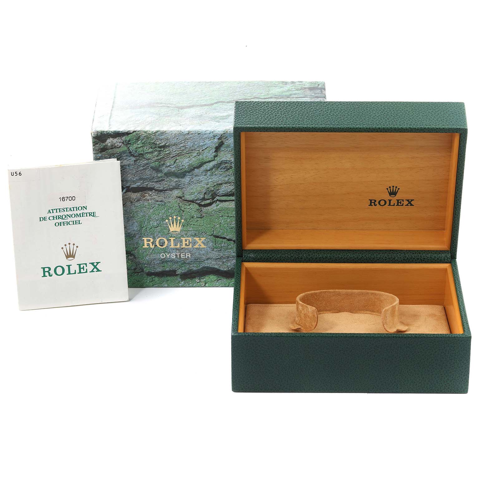 The image shows an empty box, outer box, and certificate for a Rolex GMT-Master 16700 Men's Stainless Steel Black Dial 16700 Men's Stainless Steel Black Dial watch.