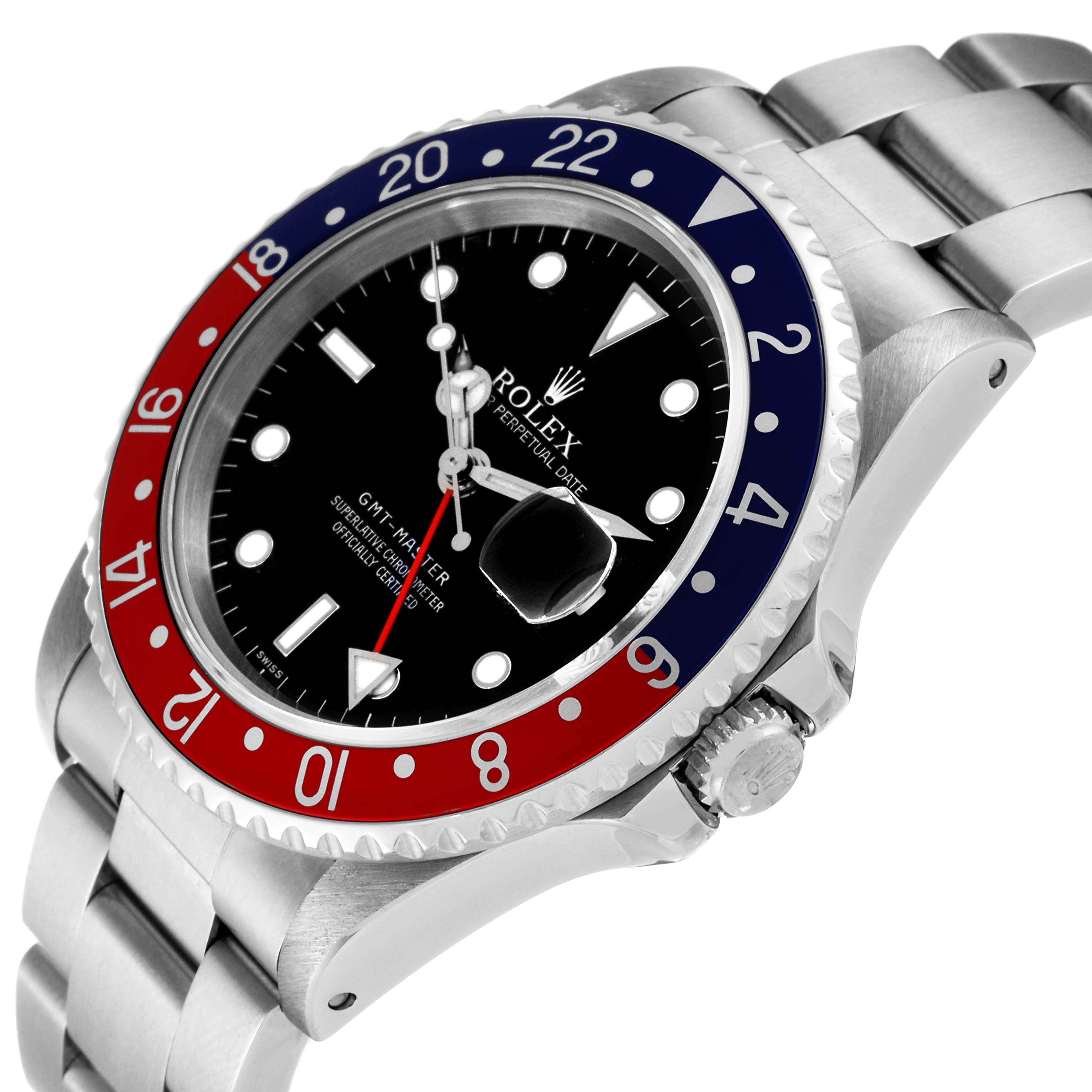 The image shows a Rolex GMT-Master 16700 Men's Stainless Steel Black Dial 16700 Men's Stainless Steel Black Dial watch at a slight angle, highlighting the bezel, dial, crown, and a portion of the bracelet.