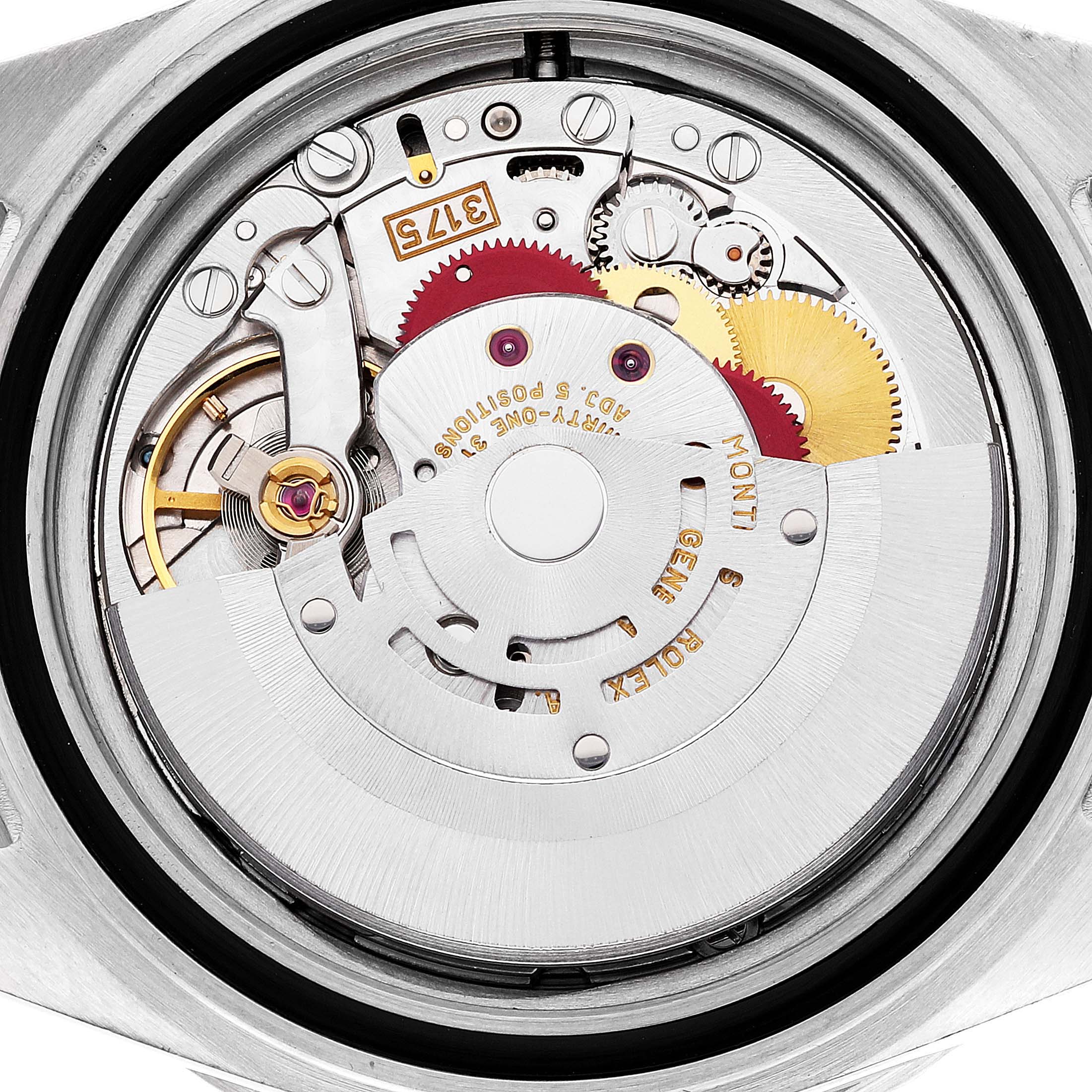 This image shows the inner movement components of a Rolex GMT-Master 16700 Men's Stainless Steel Black Dial 16700 Men's Stainless Steel Black Dial model watch from a top-down angle.