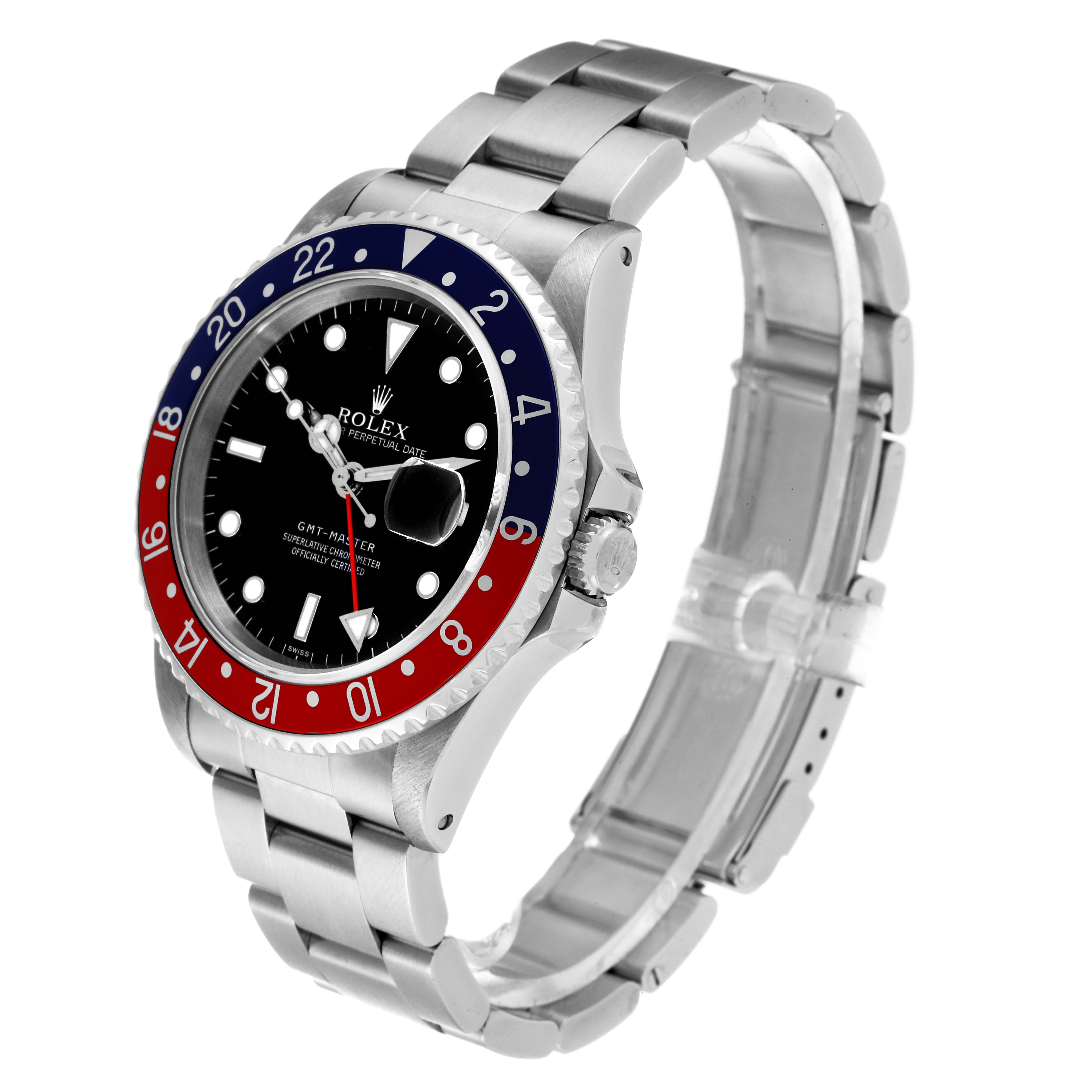 The image shows the Rolex GMT-Master 16700 Men's Stainless Steel Black Dial 16700 Men's Stainless Steel Black Dial watch angled to display the face, bezel, crown, and metal bracelet.