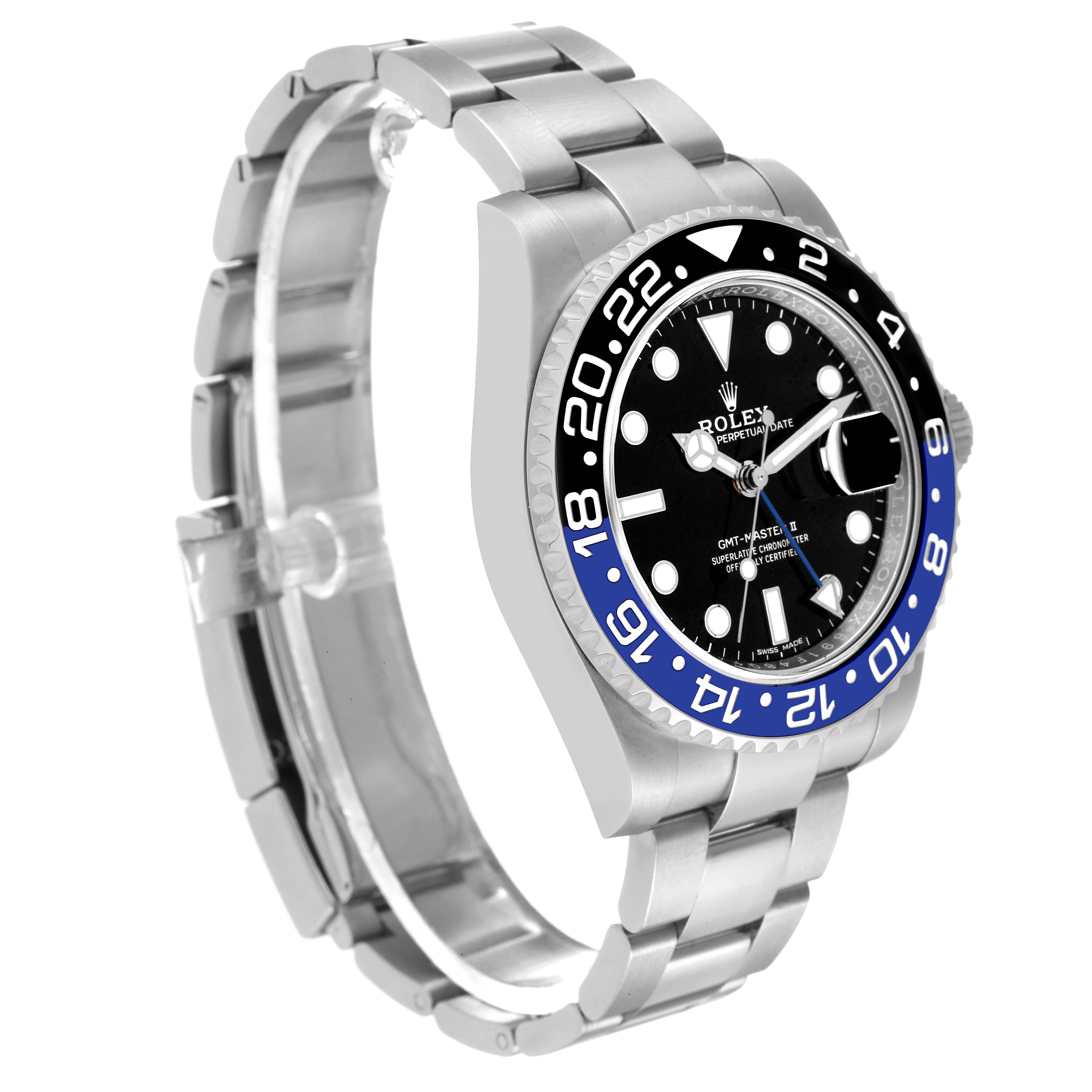 The image shows a side angle view of a Rolex GMT-Master 116710 Men's Stainless Steel Black Dial 116710 Men's Stainless Steel Black Dial watch, highlighting its bezel, dial, and bracelet.