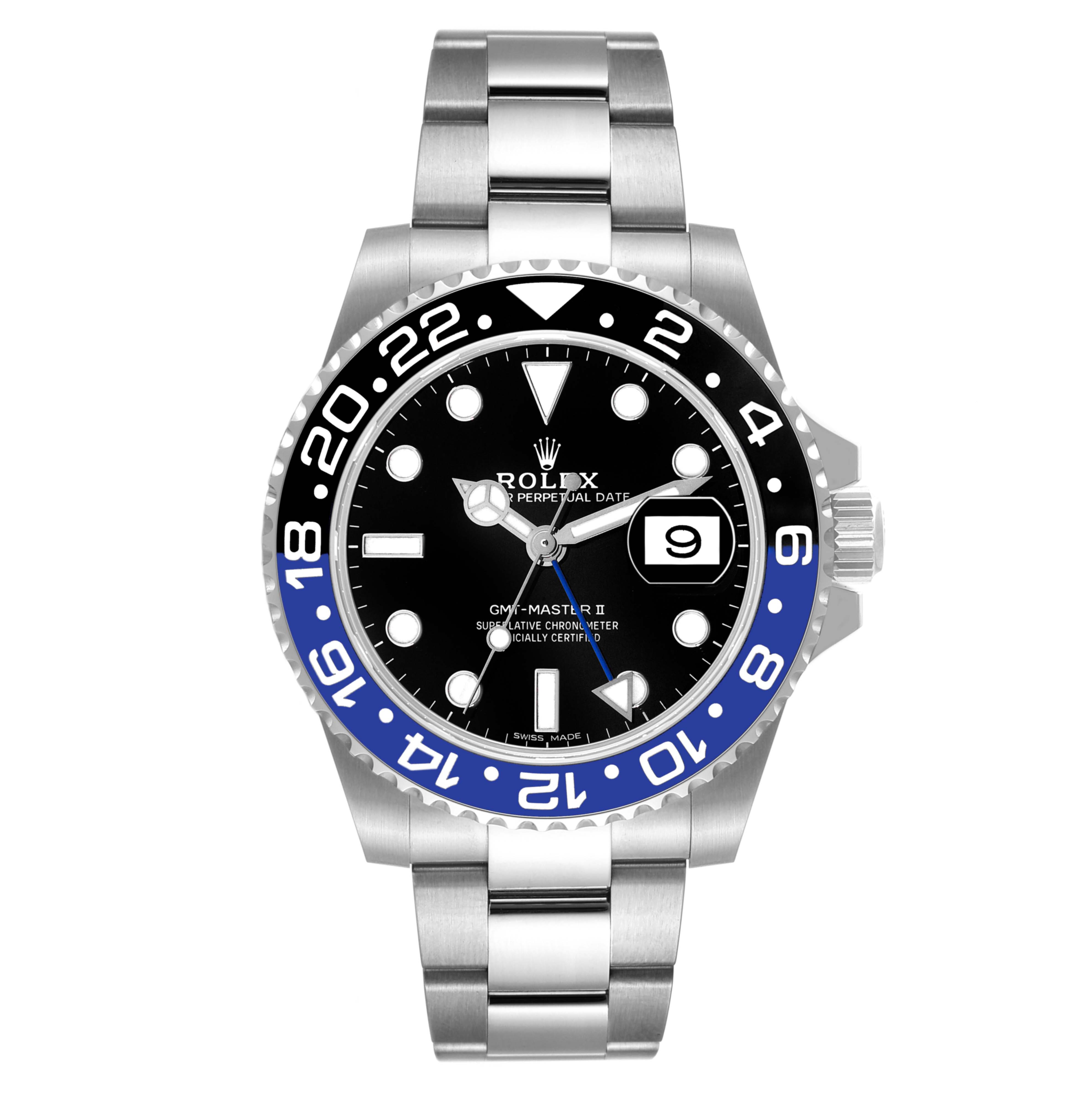 The image shows a frontal view of the Rolex GMT-Master 116710 Men's Stainless Steel Black Dial 116710 Men's Stainless Steel Black Dial watch, highlighting its bezel, dial, hands, and bracelet.