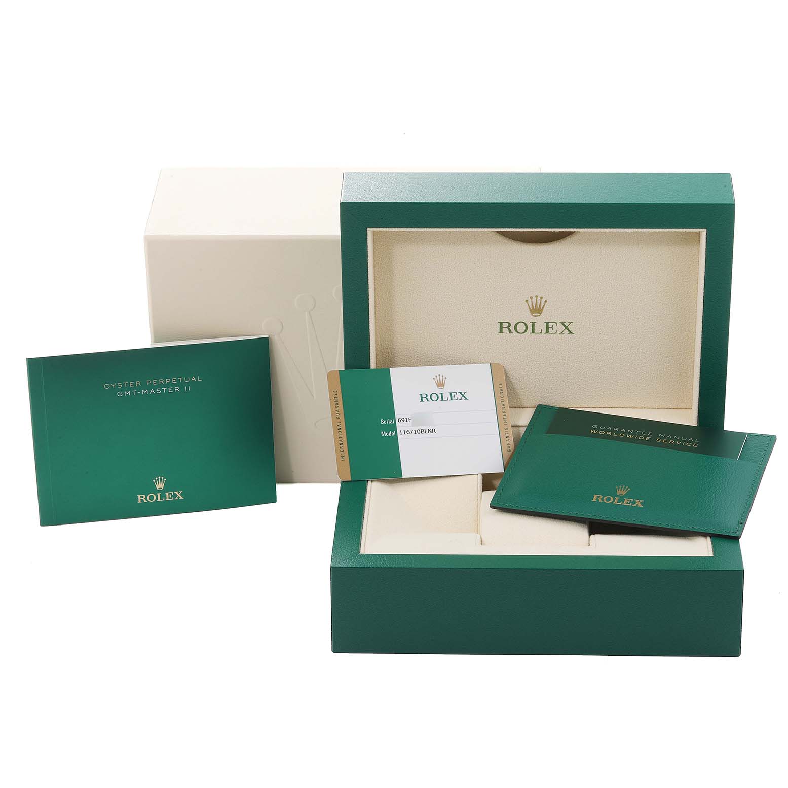 This image shows the packaging, owner's manual, warranty card, and box for a Rolex GMT-Master 116710 Men's Stainless Steel Black Dial 116710 Men's Stainless Steel Black Dial watch.