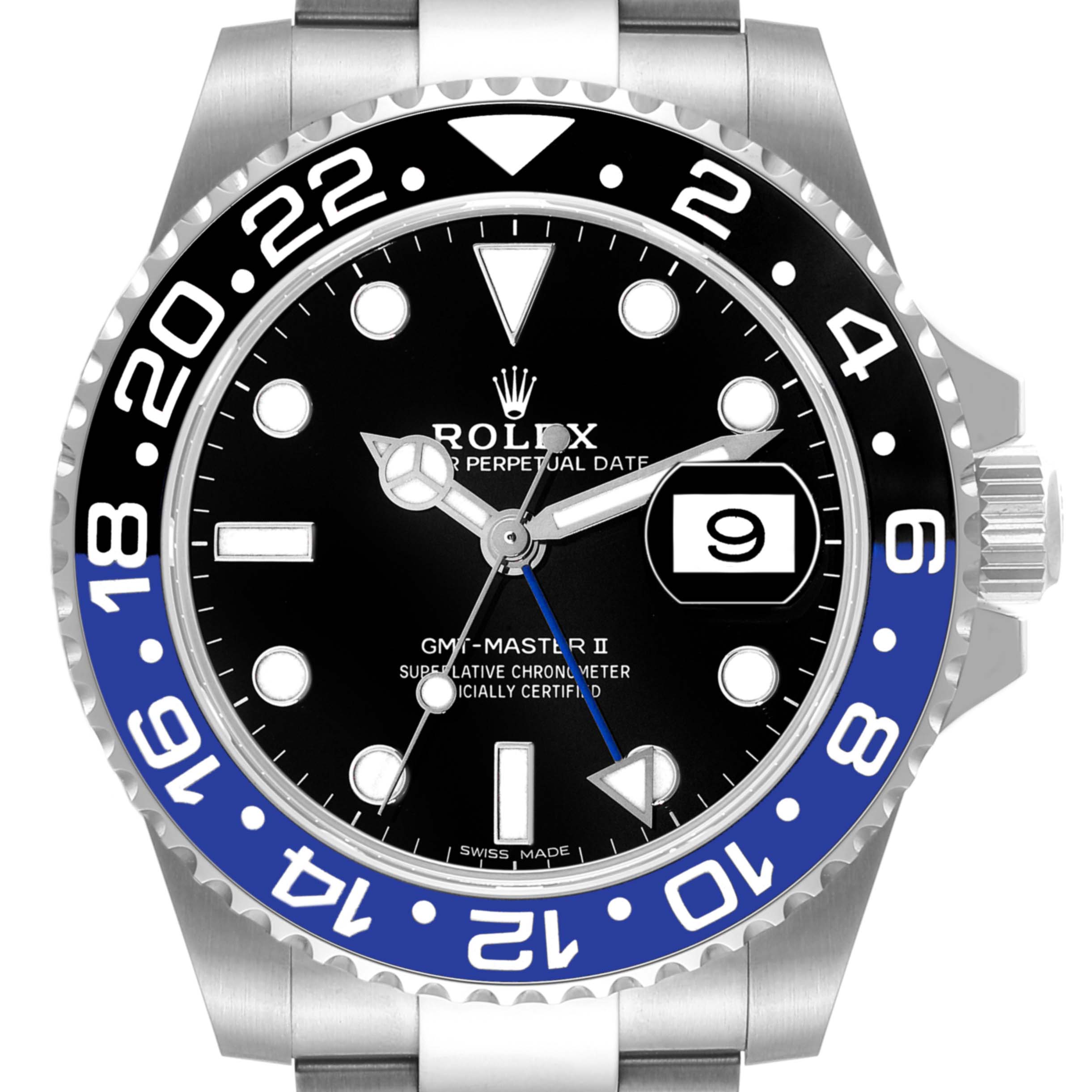 The image shows a front view of the Rolex GMT-Master 116710 Men's Stainless Steel Black Dial 116710 Men's Stainless Steel Black Dial II watch, highlighting the bezel, dial, hands, and date display.