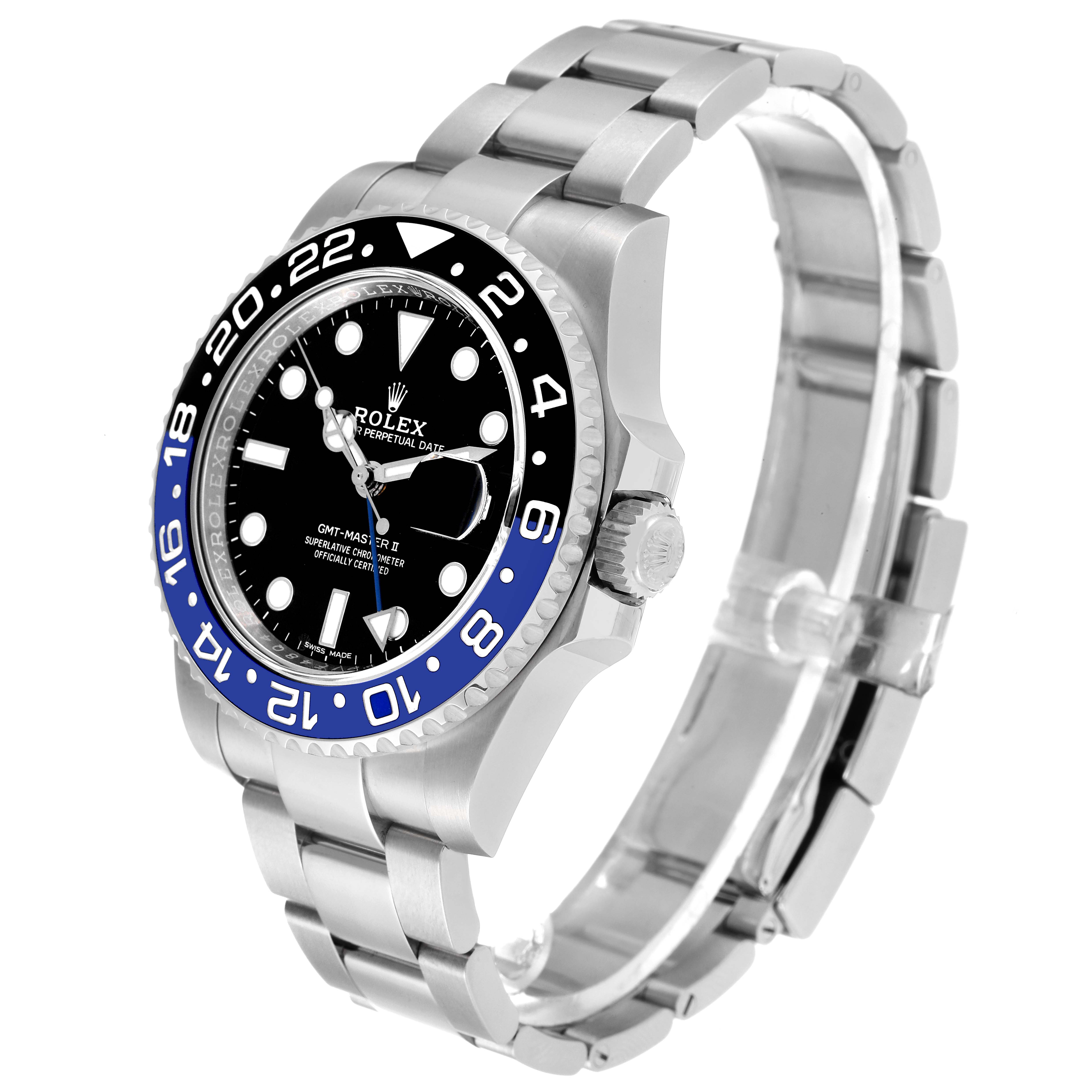 This image shows a Rolex GMT-Master 116710 Men's Stainless Steel Black Dial 116710 Men's Stainless Steel Black Dial watch from a slight side angle, highlighting the bezel, case, dial, crown, and bracelet.