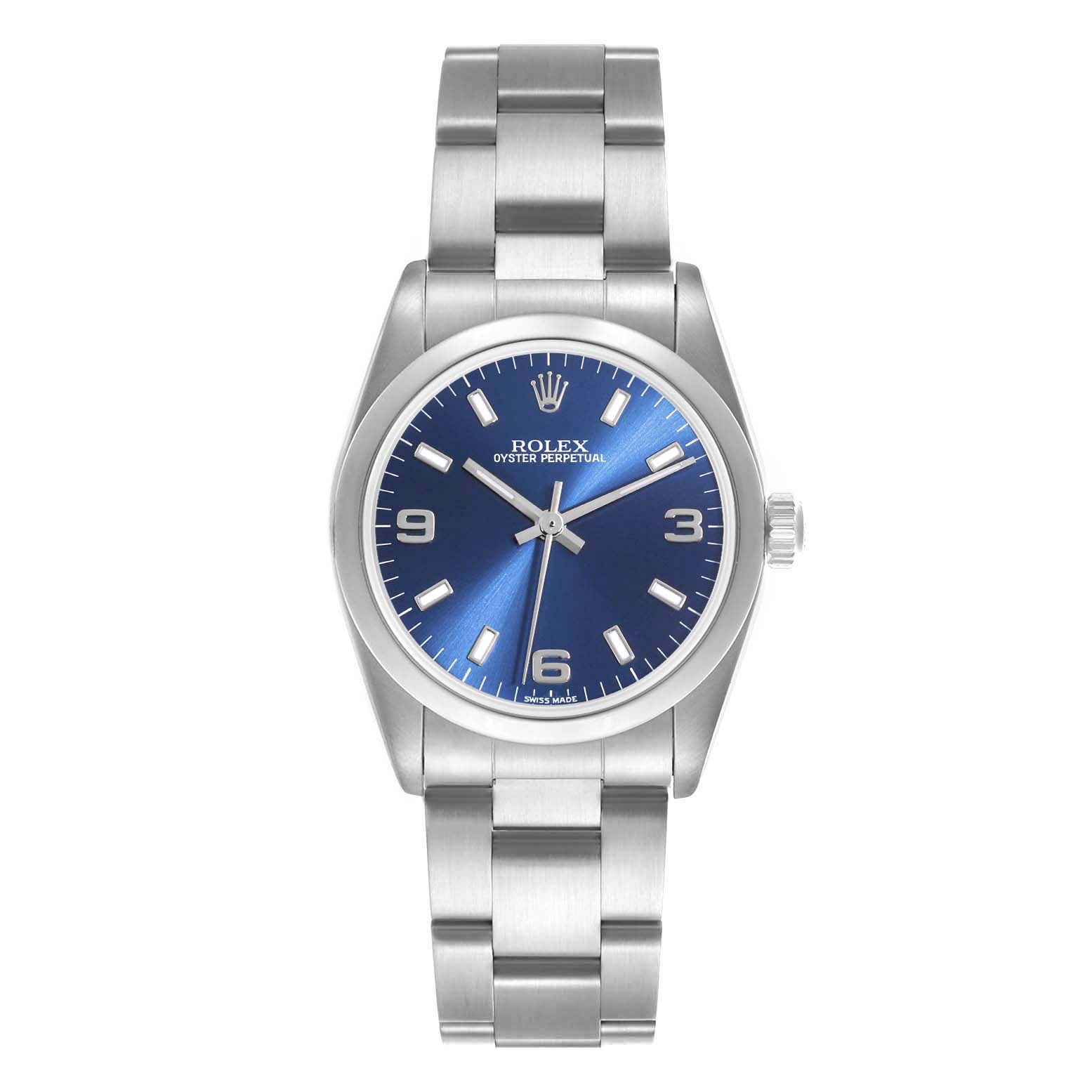 The image shows a front view of a Rolex Oyster Perpetual Mid-Size watch, highlighting the blue dial and stainless steel bracelet.