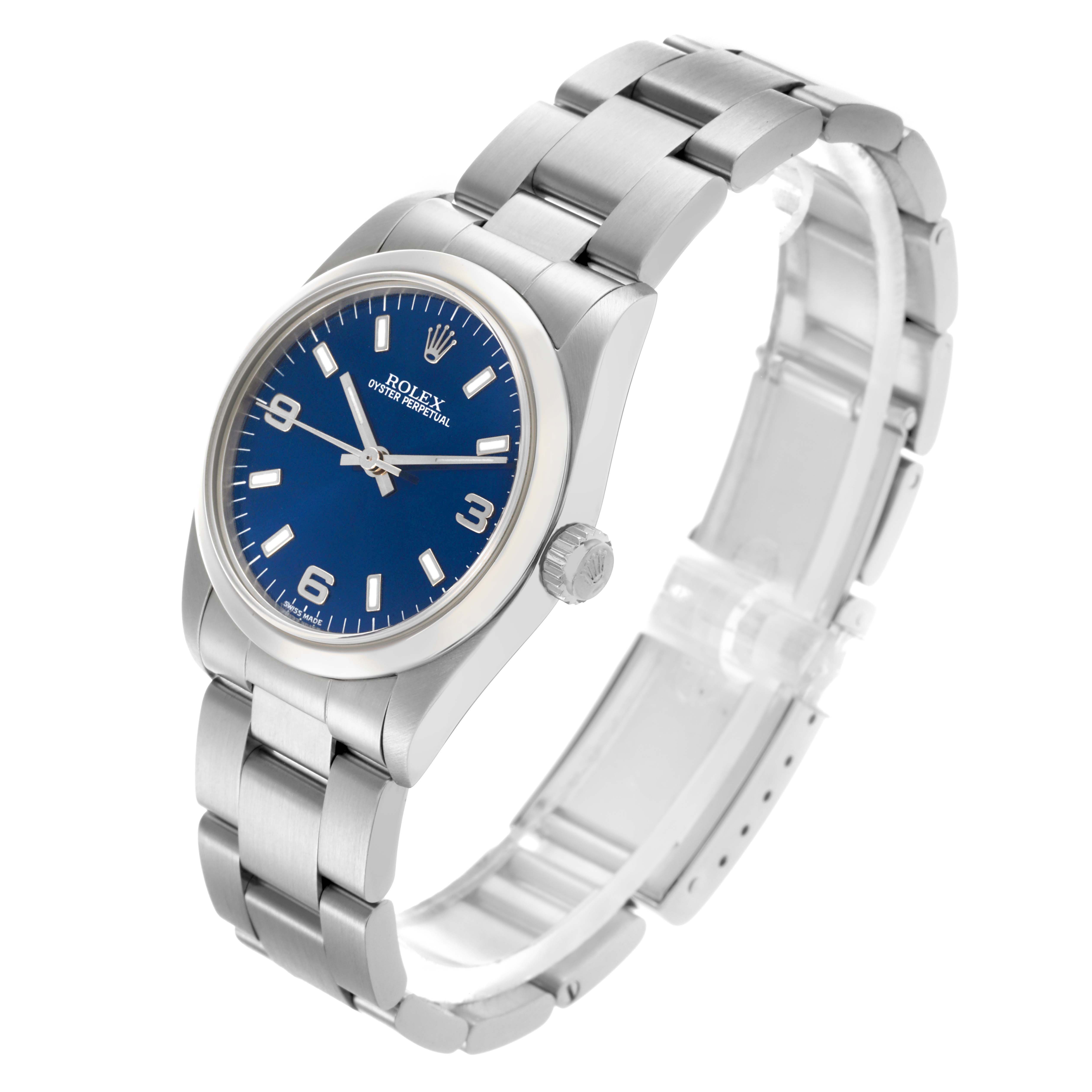 The Rolex Mid-Size 77080 Women's Stainless Steel Blue Dial 77080 Women's Stainless Steel Blue Dial watch is shown at a three-quarter angle, displaying the blue dial, bracelet, crown, and case.