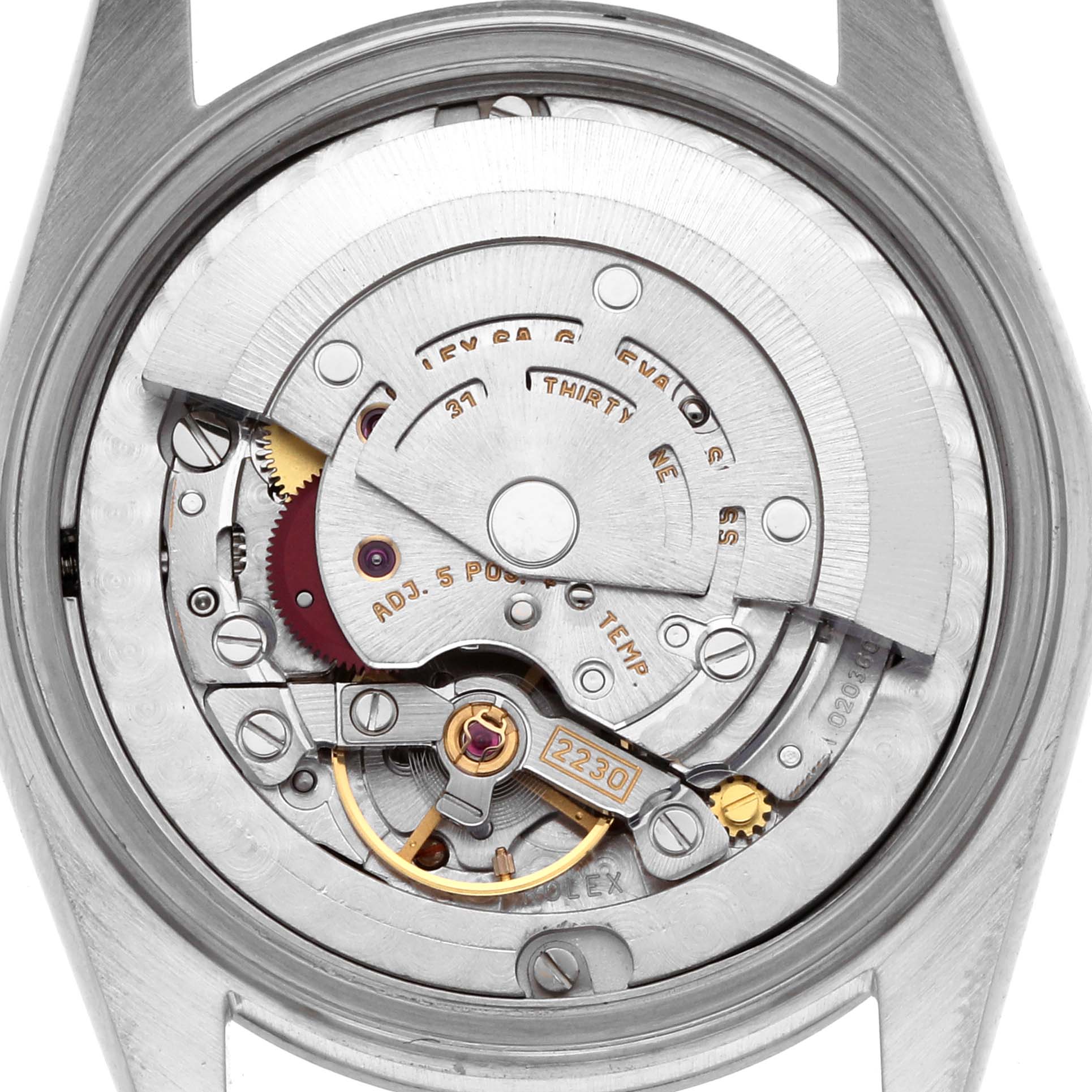 The image shows the movement from the back of a Rolex Mid-Size 77080 Women's Stainless Steel Blue Dial 77080 Women's Stainless Steel Blue Dial model, highlighting gears and components.