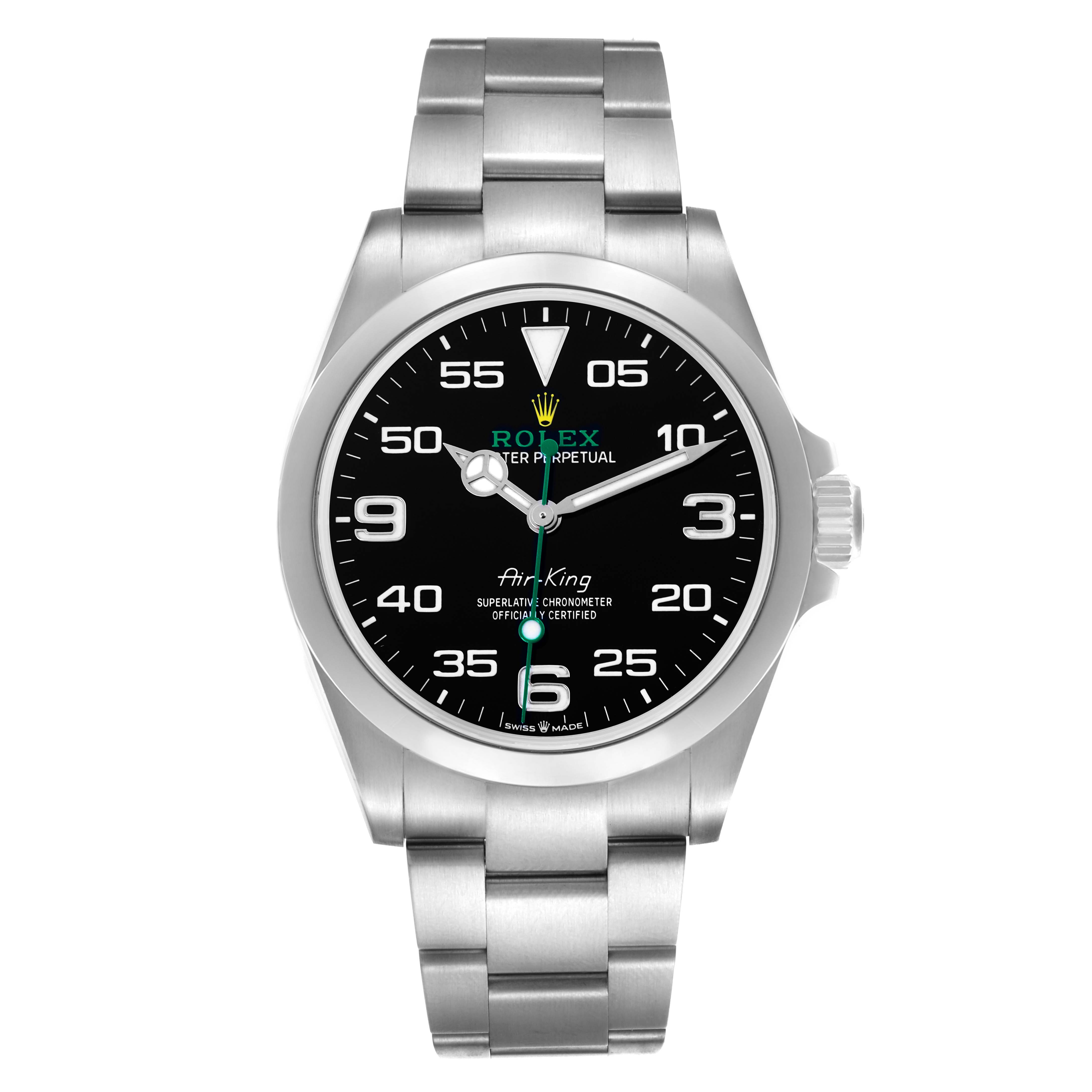 The Rolex Air-King 126900 Men's Stainless Steel Black Dial 126900 Men's Stainless Steel Black Dial watch is shown from the front, displaying its dial, bezel, bracelet, and crown.