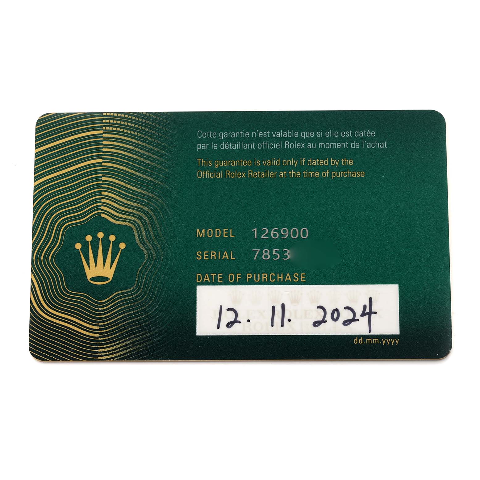 The image shows a Rolex authenticity card for the Air-King model, displaying model and serial numbers.