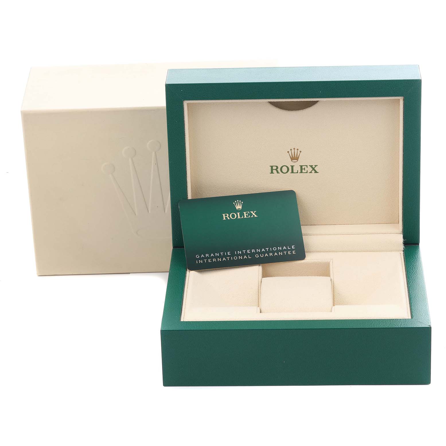 The image shows a Rolex Air-King 126900 Men's Stainless Steel Black Dial 126900 Men's Stainless Steel Black Dial watch box, open, with an international guarantee card placed inside.